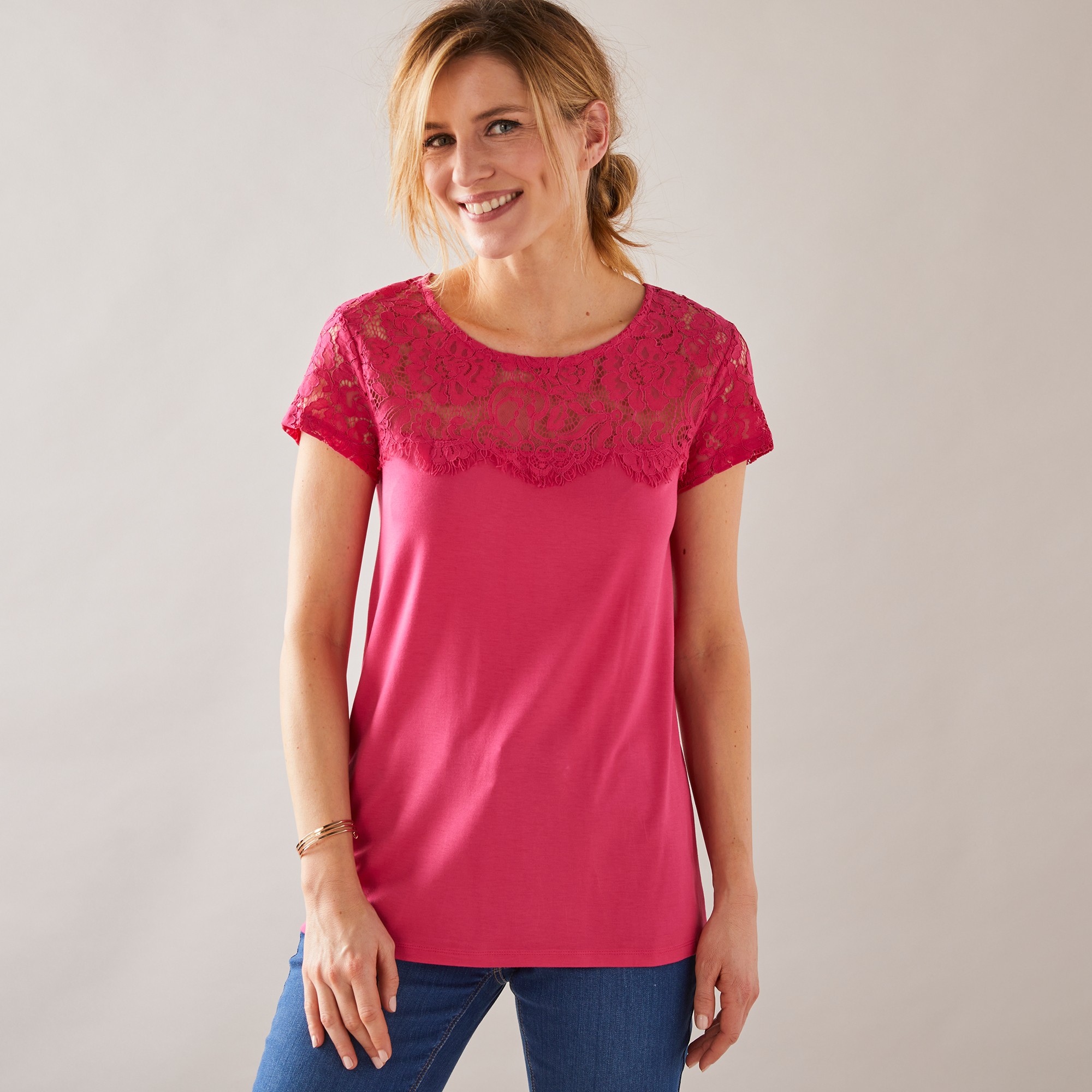T-shirt Dentelle Col Rond Manches Courtes - Blancheporte