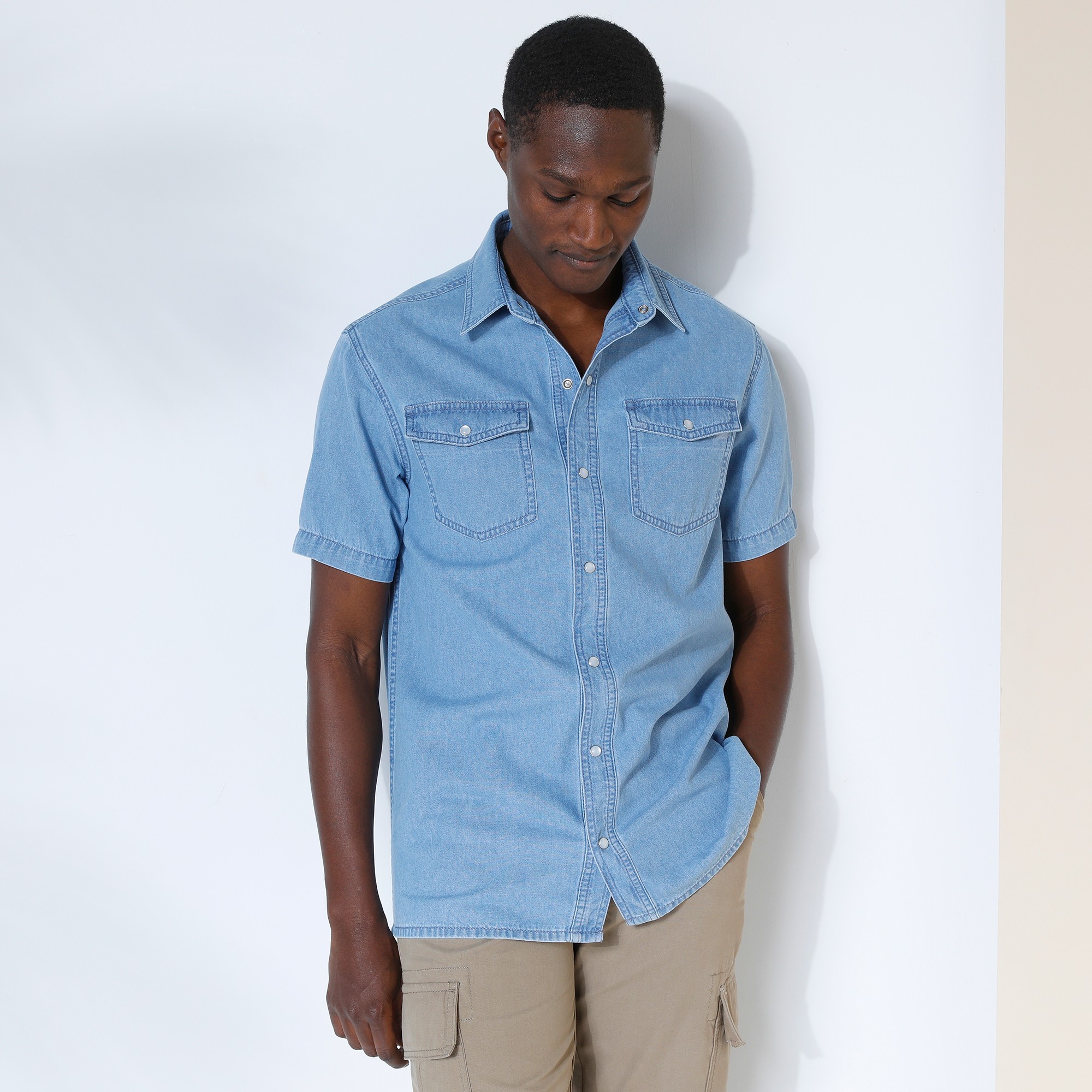 Chemise Pressionnée Manches Courtes En Jean - Blancheporte