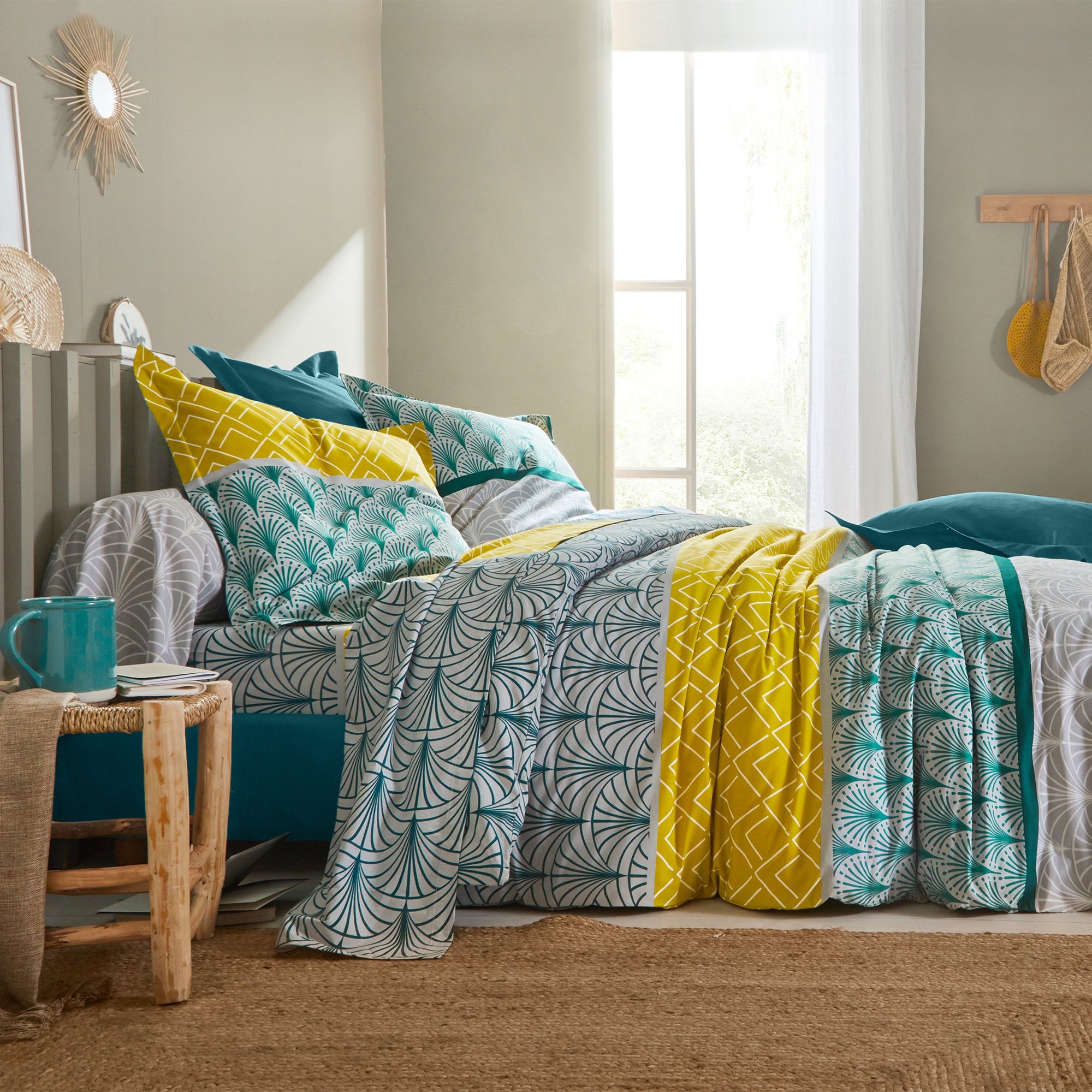 Linge de lit Eddy en coton à motifs graphiques - Taie D'oreiller Volant Plat : 65x65cm - Vert - Colo