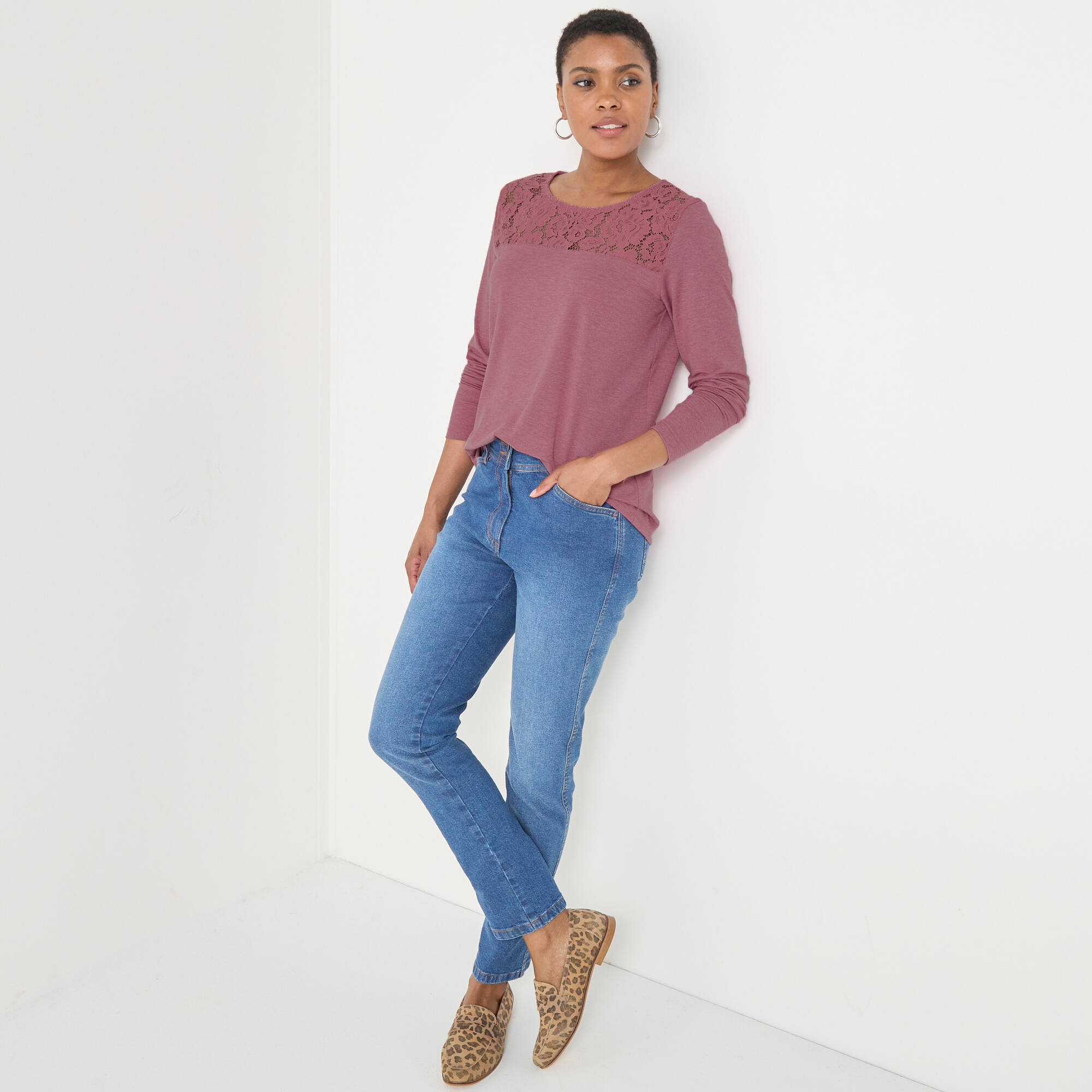 T-shirt col rond manches longues dentelle - Blancheporte 26$