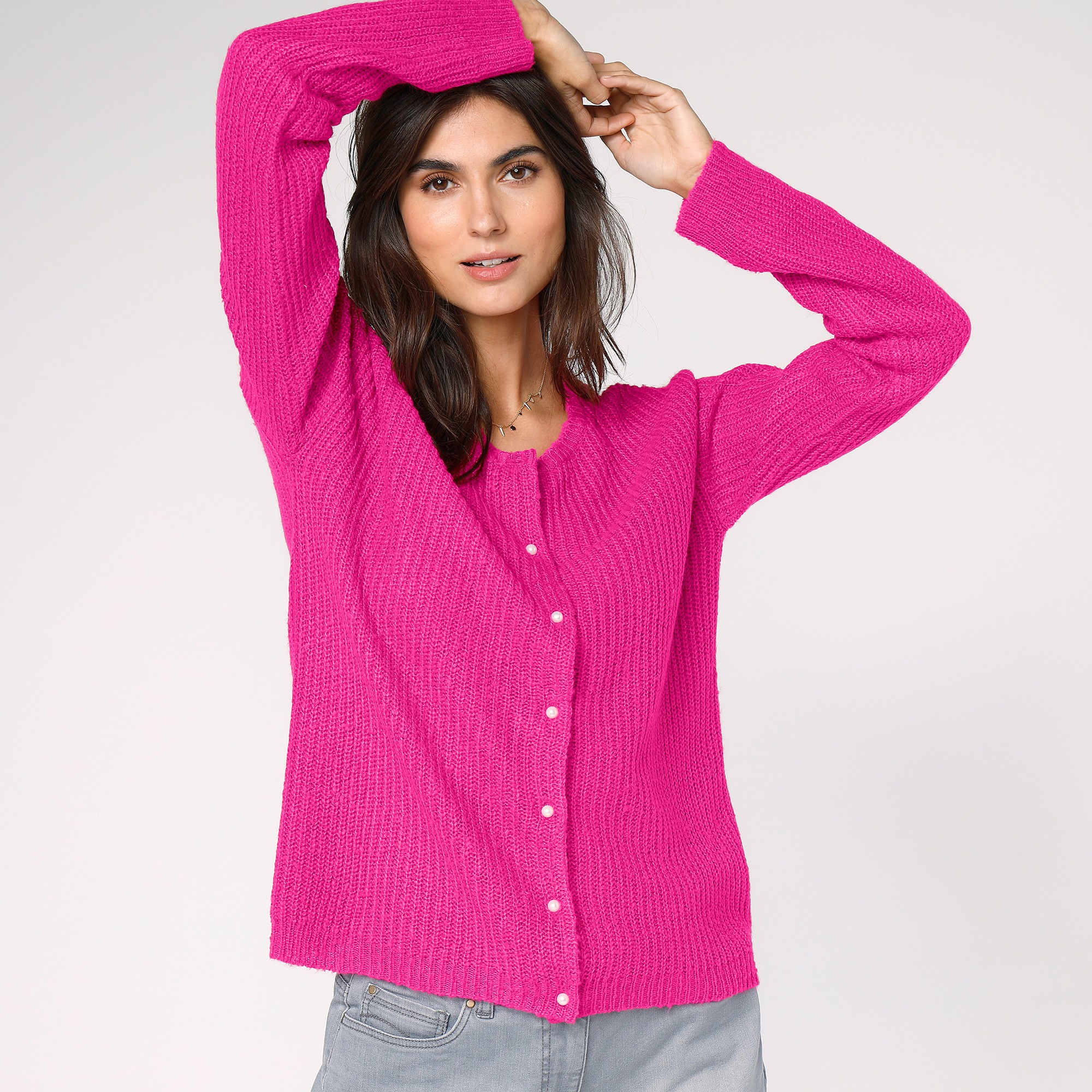 Cardigan Boutons Perles Fantaisie, Maille Anglaise - Blancheporte