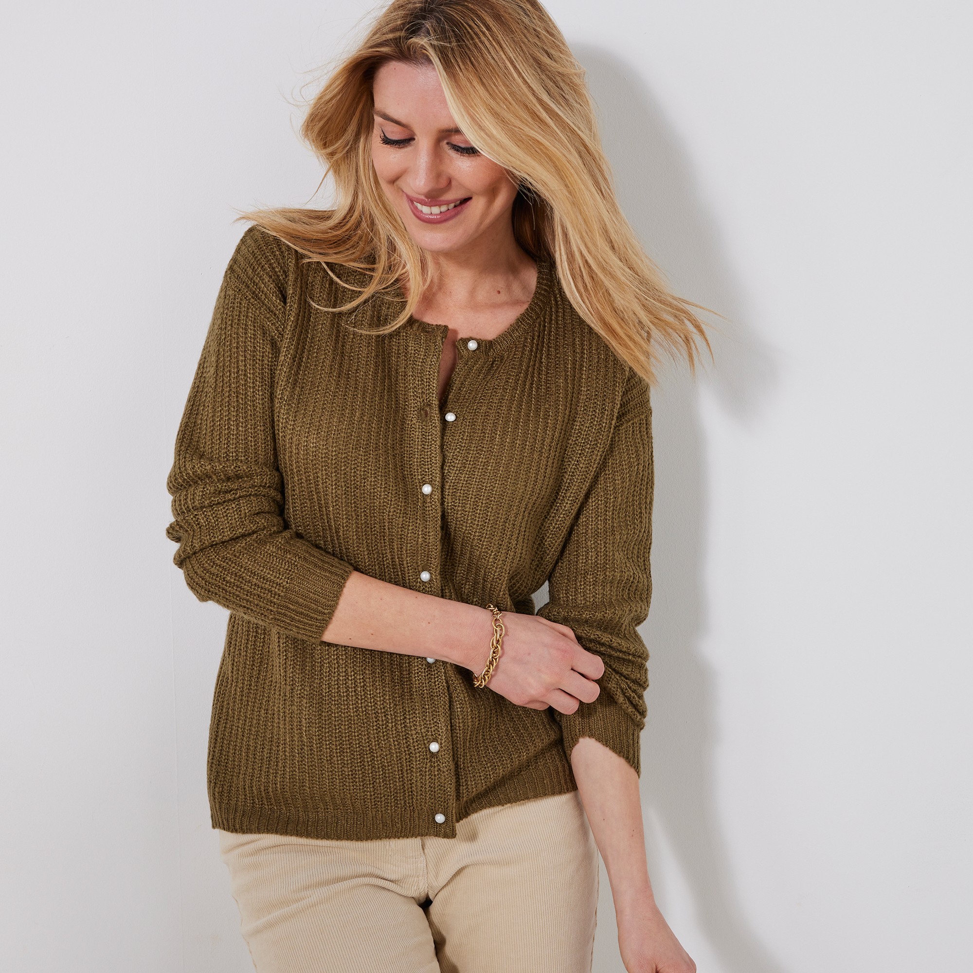 Cardigan Boutons Perles Fantaisie, Maille Anglaise - Blancheporte