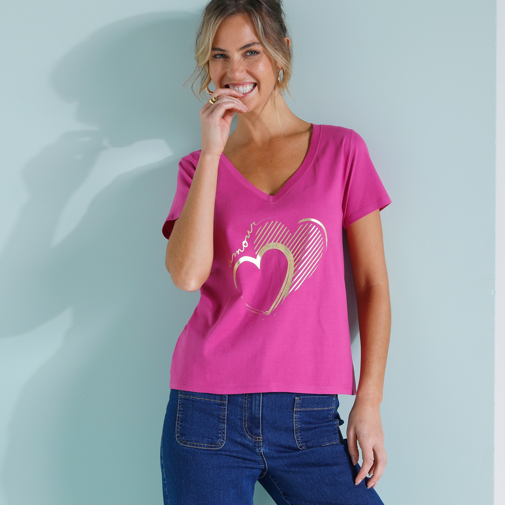 T-shirt Col V Imprimé Doré - Blancheporte