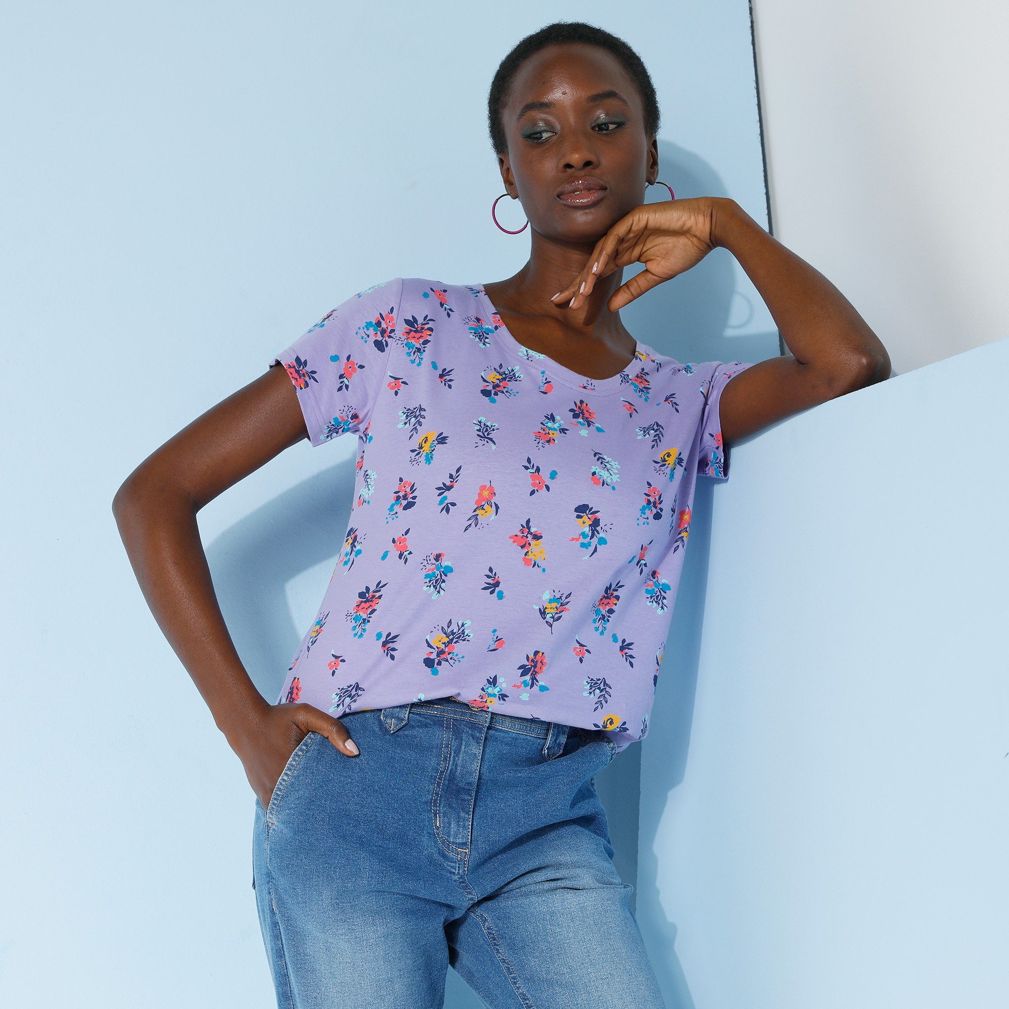 T-shirt Col Rond Imprimé Fleuri Coton - Blancheporte