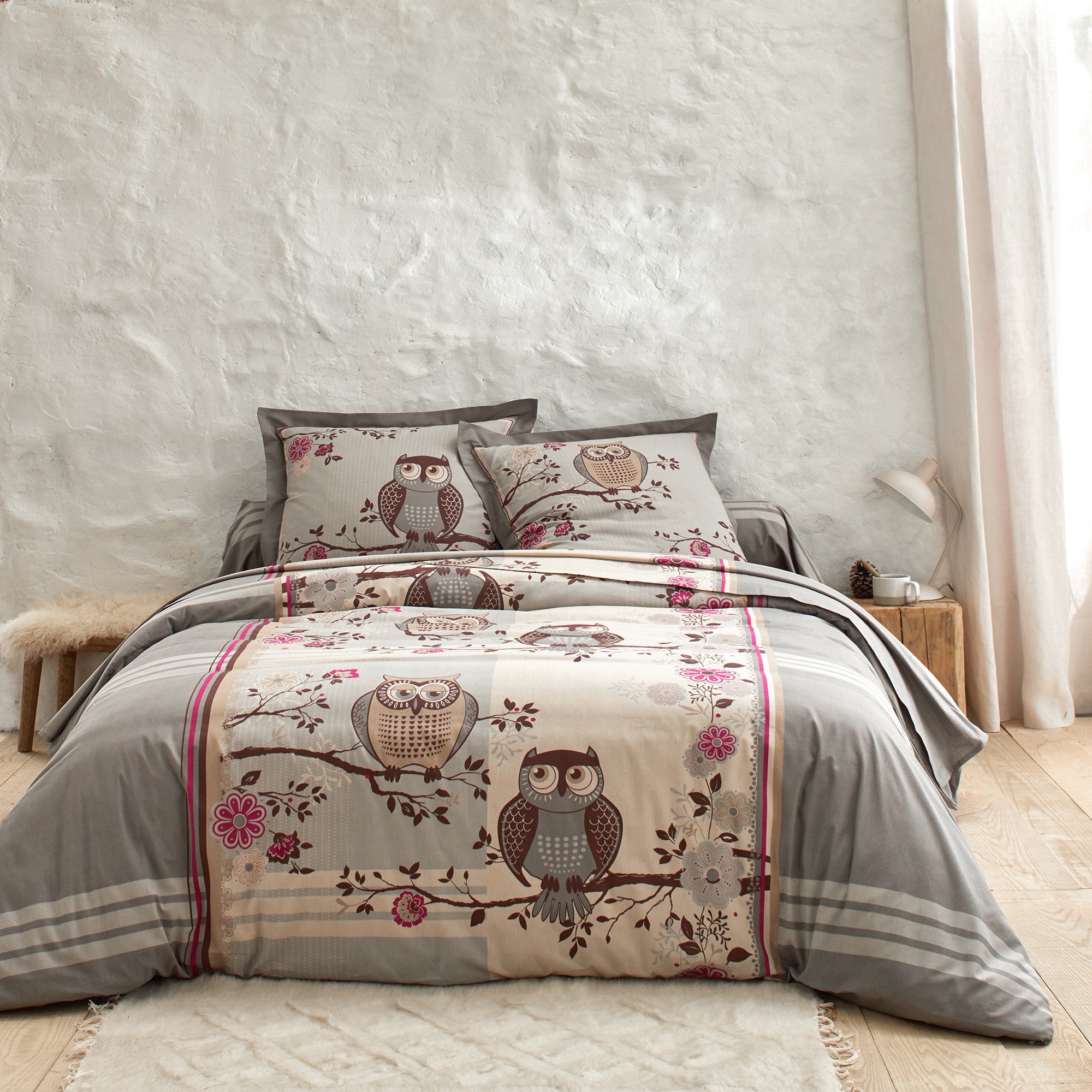 Linge de lit Chouette coton - Drap Plat 2 Personnesonnes : 270x300cm - Gris - Colombine