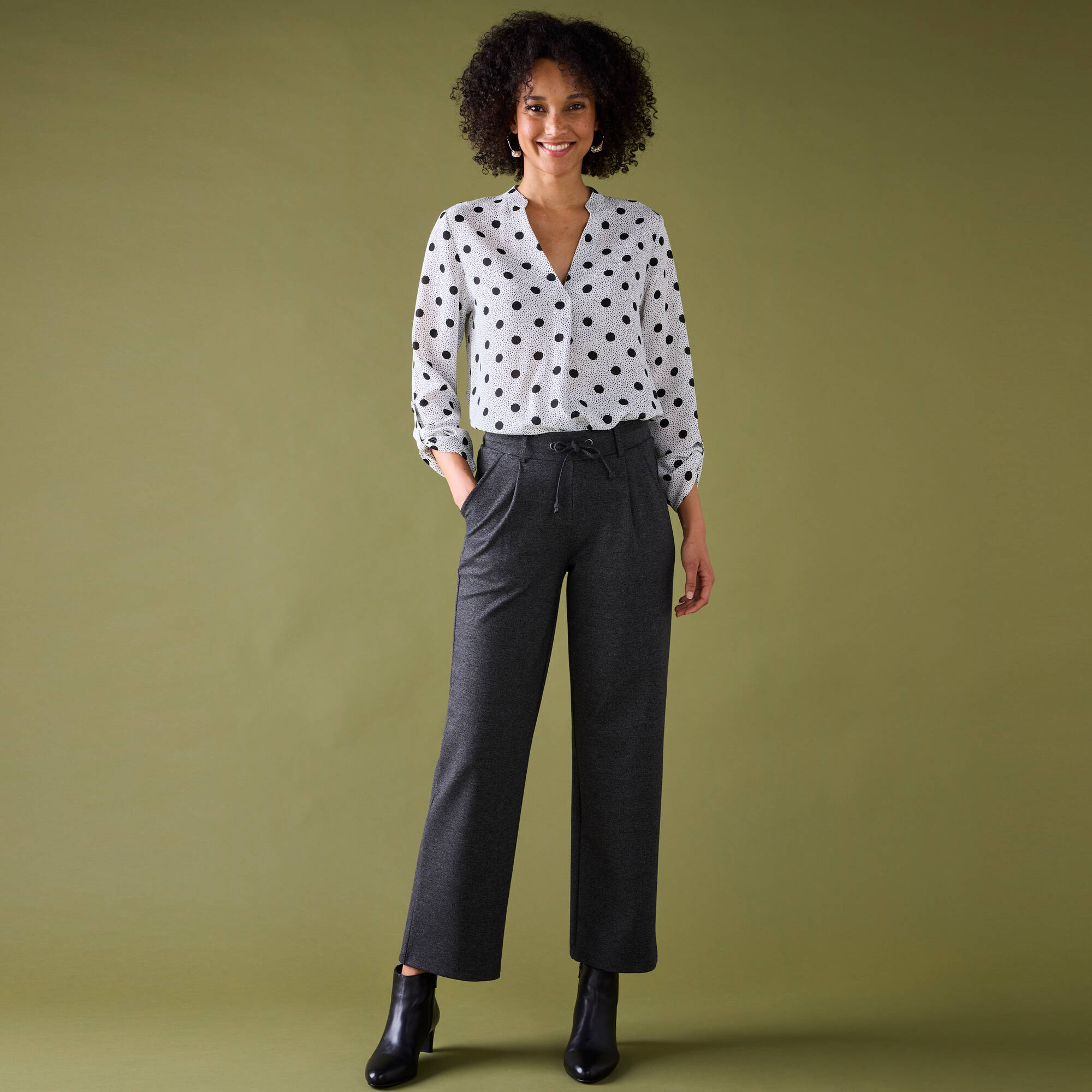 Chemisier Chic Tunisien à Col - Imprimé Pois Noir Et Blanc - Taille 38/40 - Viscose