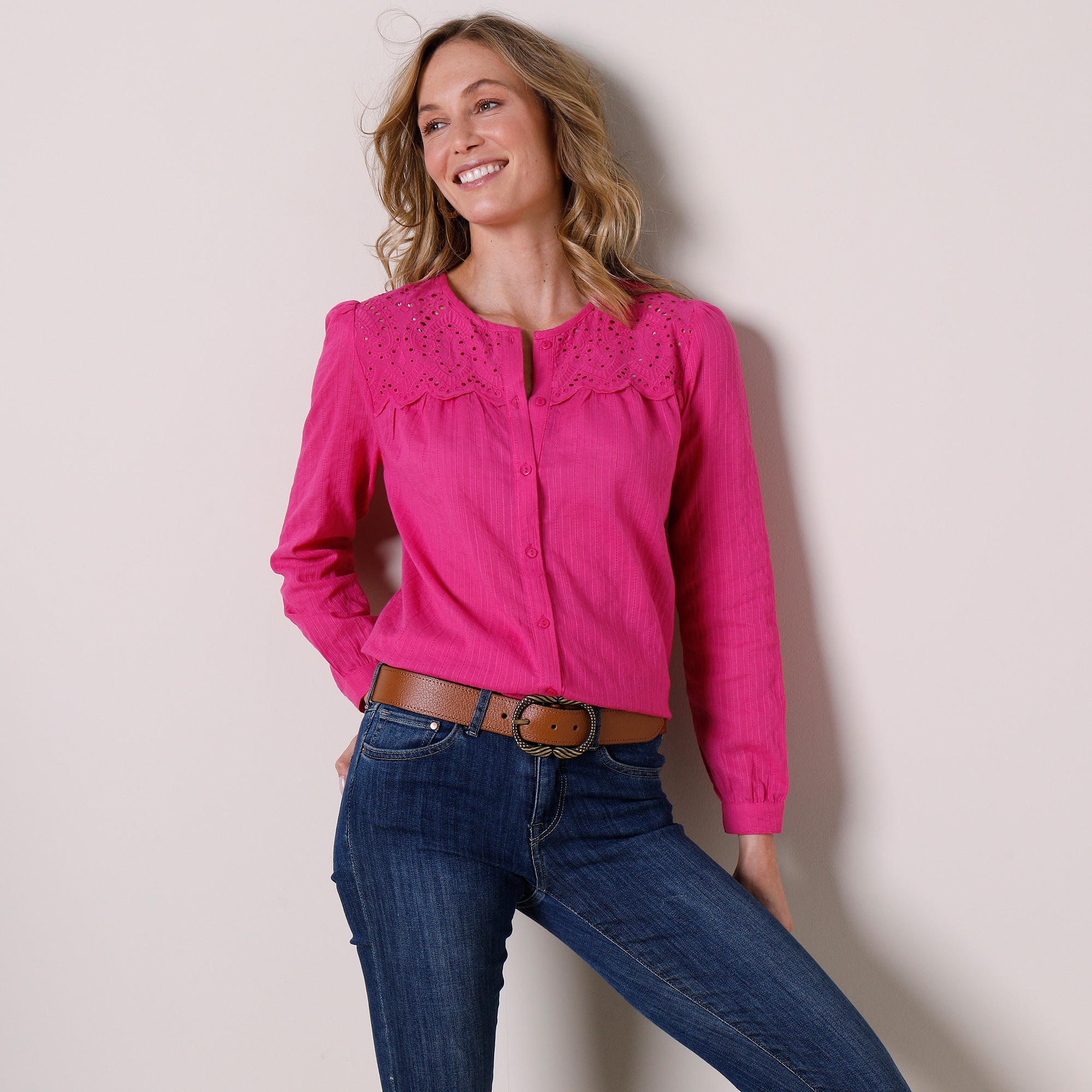 Chemise Boutonnée Coton Texturé, Empiècement Brodé - Blancheporte