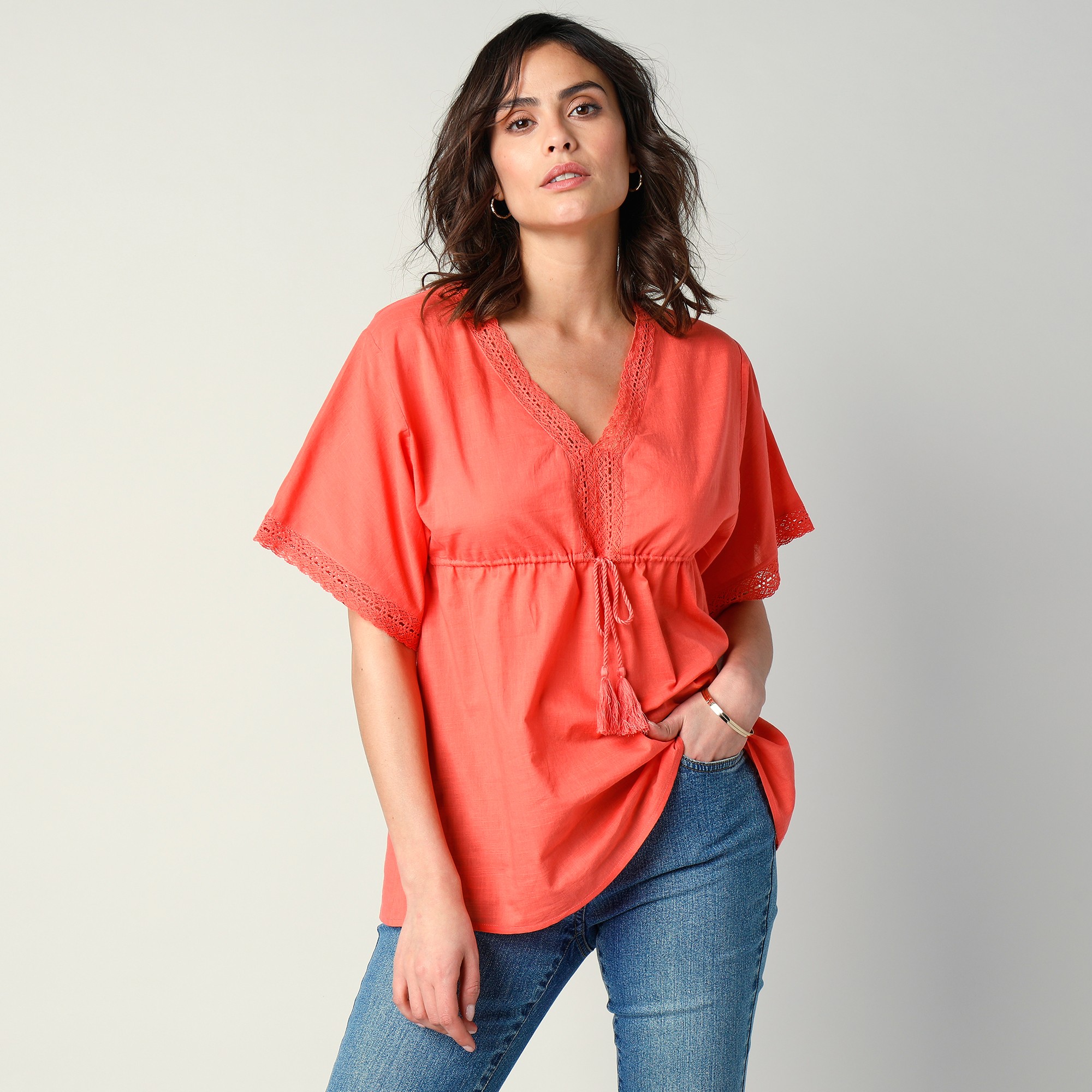 Top poncho Avec Macramé Et Pompons - Blancheporte