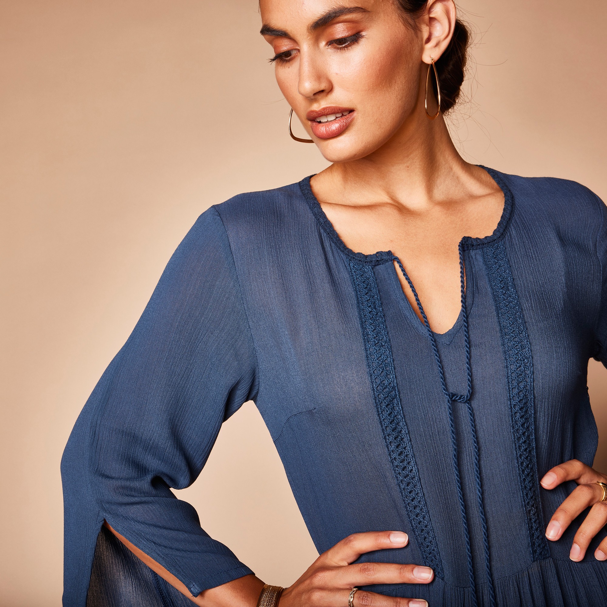 Robe longue unie manches 3 4 cr pon indigo Blancheporte