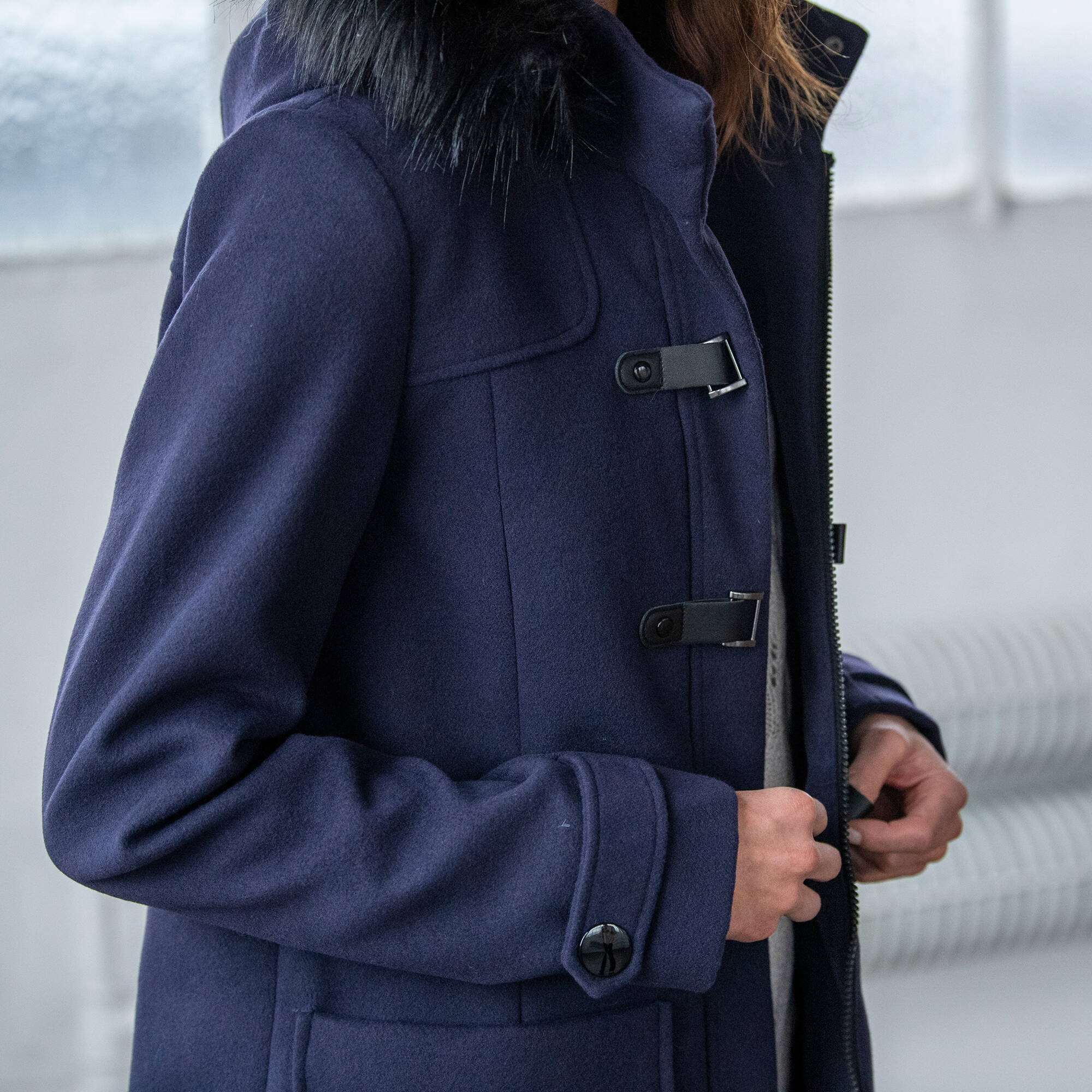 Duffle coat capuche fausse fourrure uni marine Blancheporte