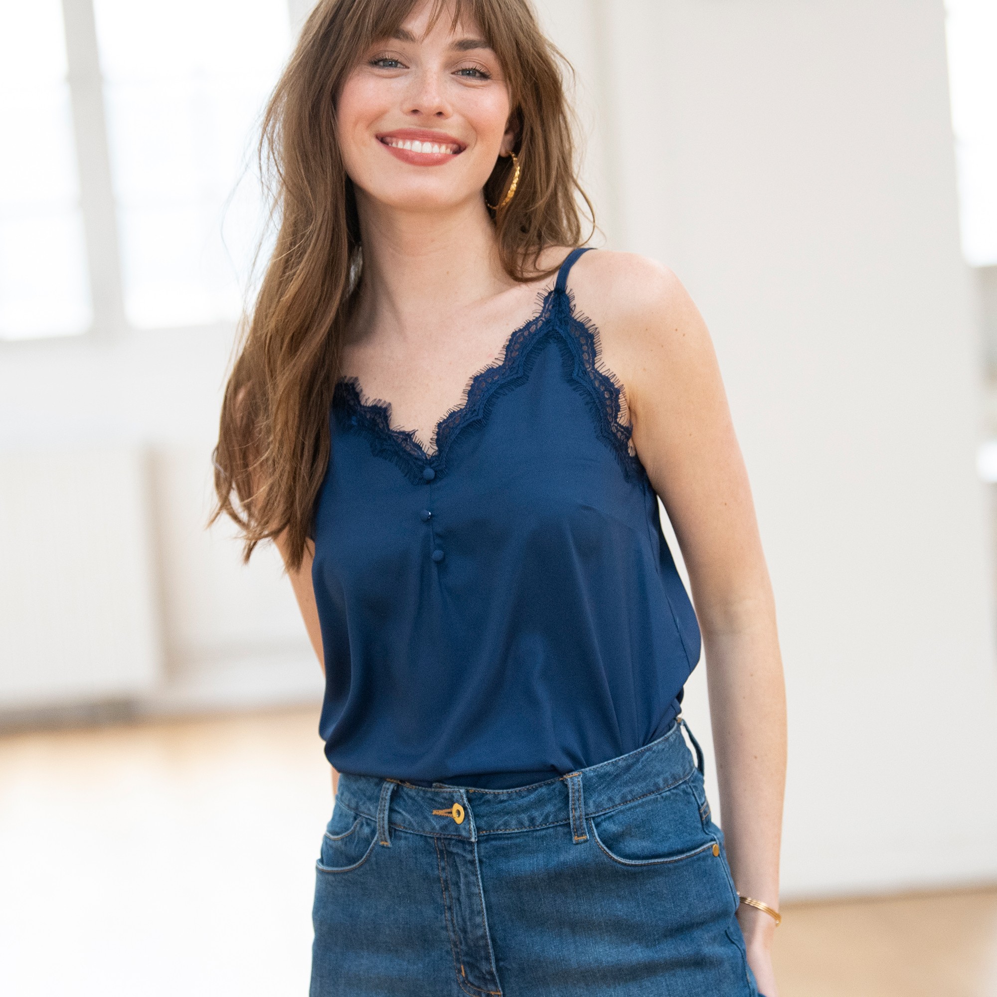 Caraco Dentelle Bretelles Réglables, Crêpe - Blancheporte