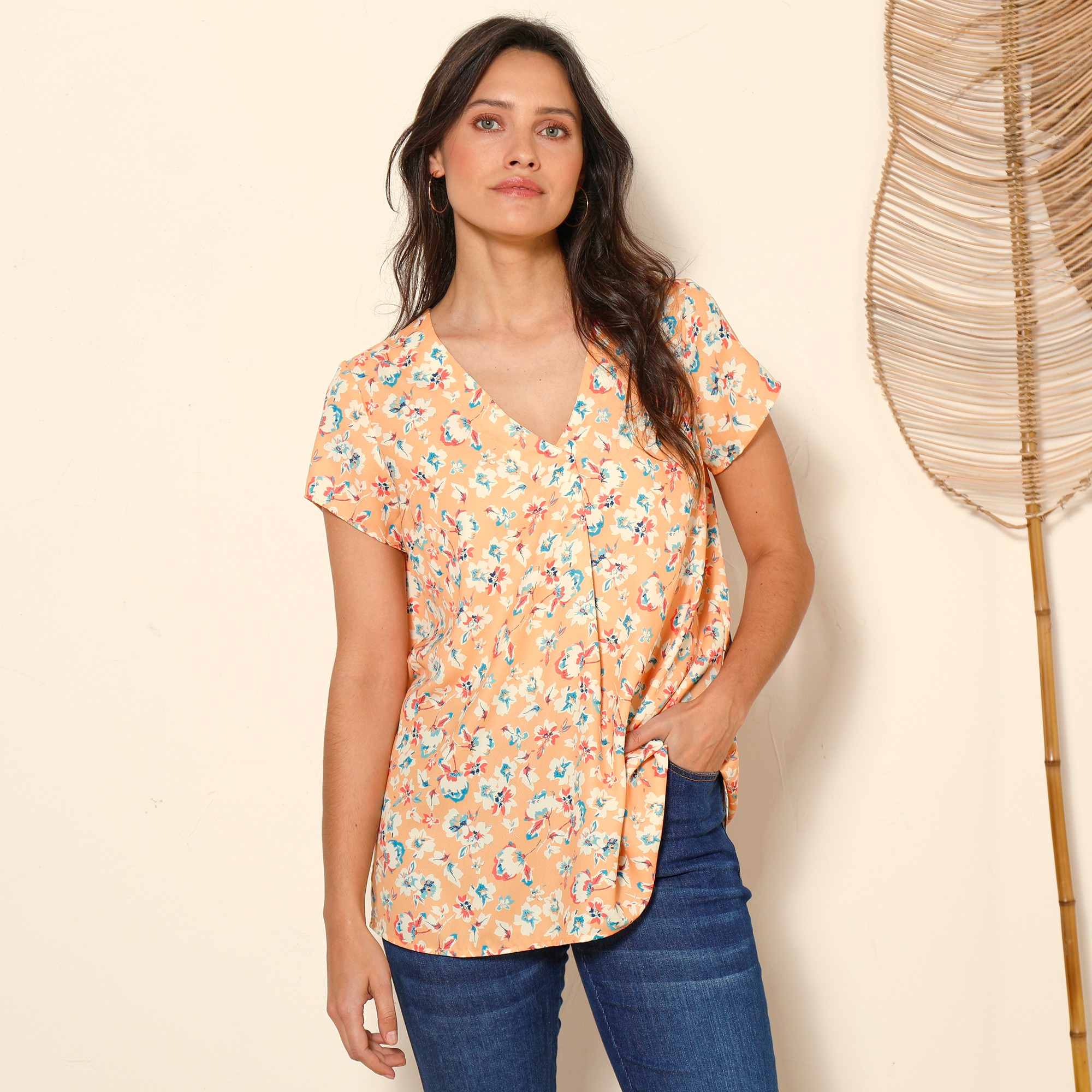 Blouse V Manches Courtes, Crêpe Imprimé Fleuri - Blancheporte