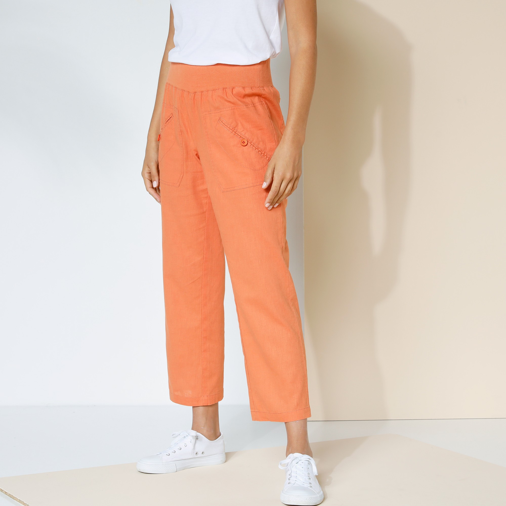 Pantalon Coupe Droite 7/8ème Taille Élastiquée, Lin Coton - Blancheporte