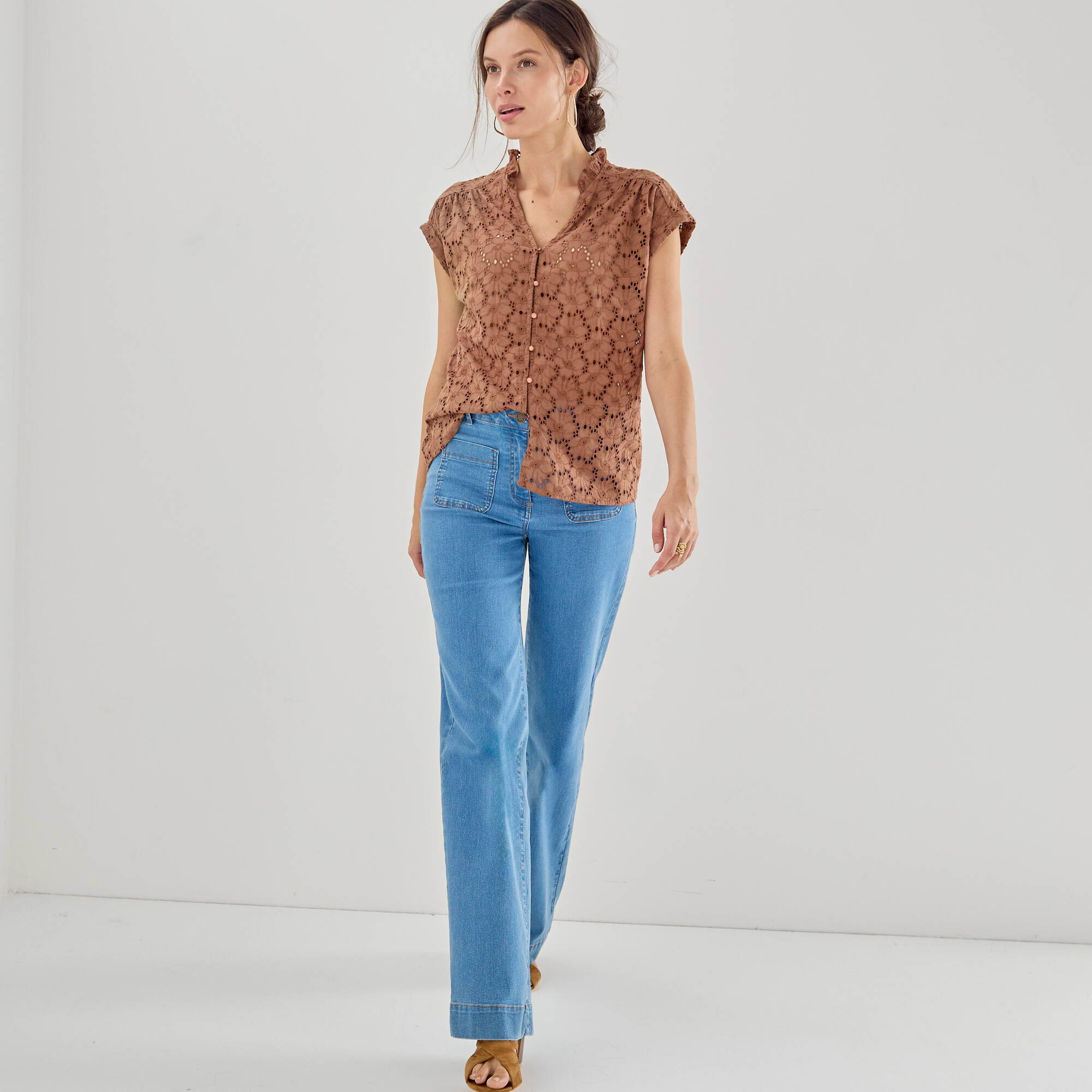 Chemisier manches courtes col volant broderie anglaise - Blancheporte 33$