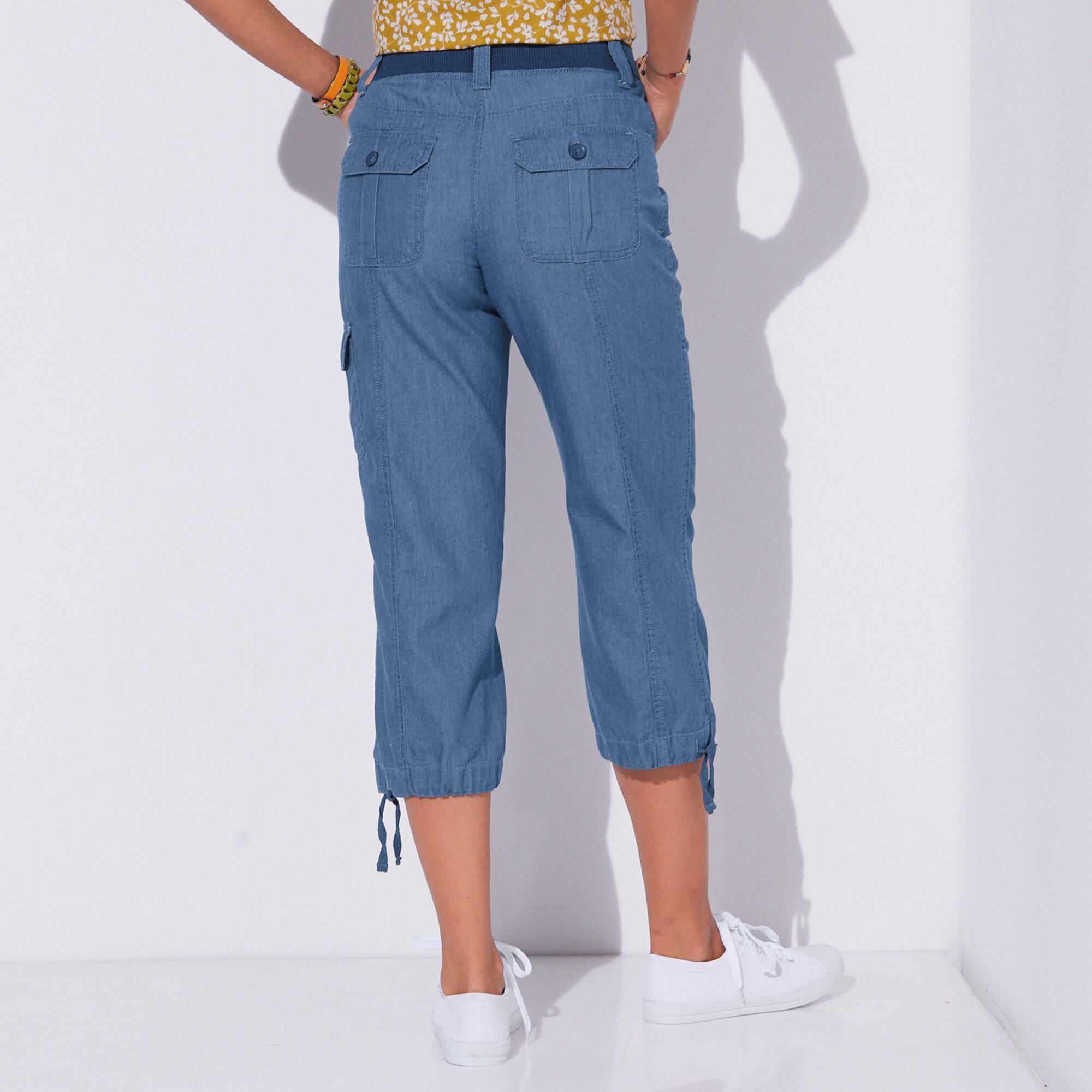 Pantacourt denim ceinture maille, stone Blancheporte