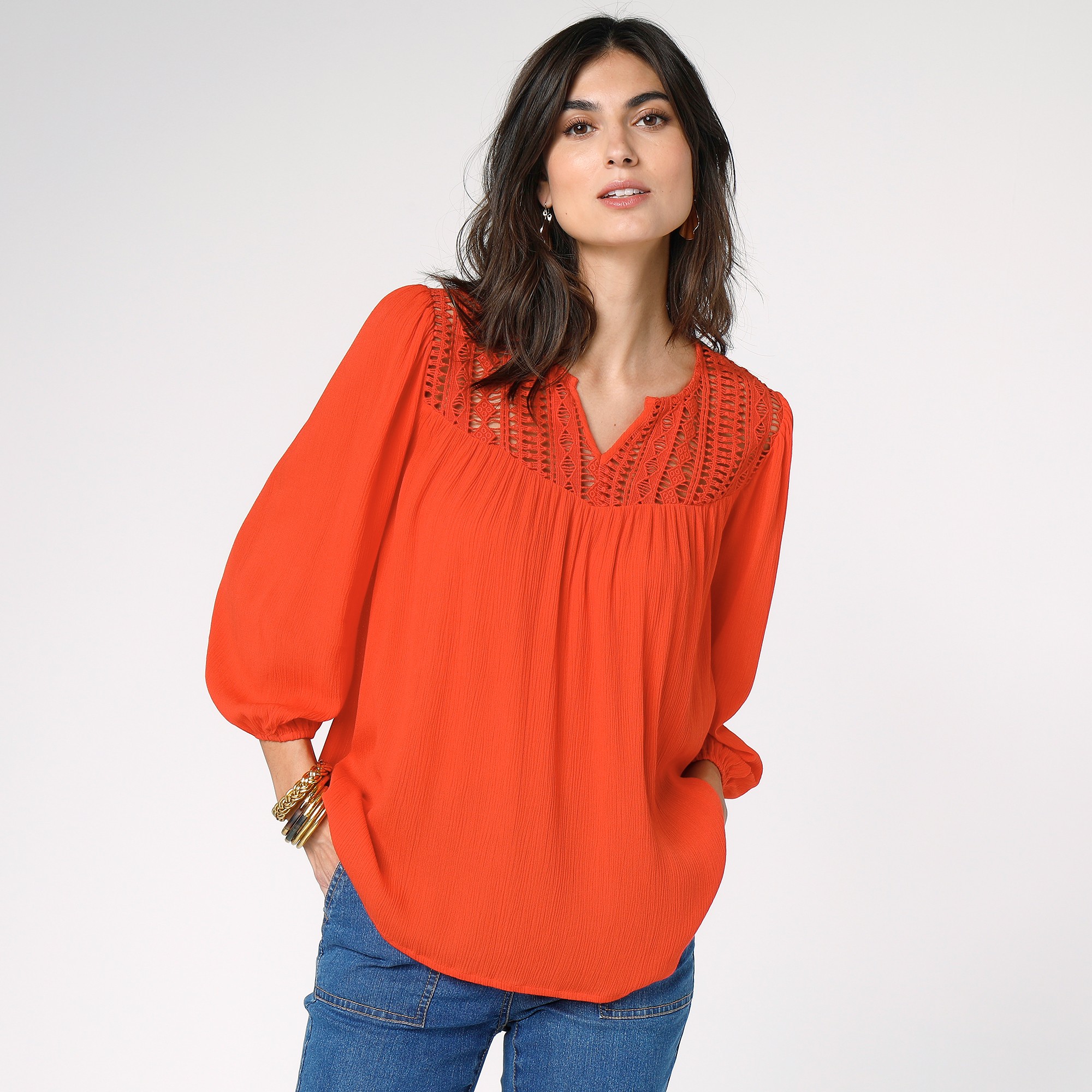 Blouse macramé manches 3/4 - 54 - Orange - Lora Zellini