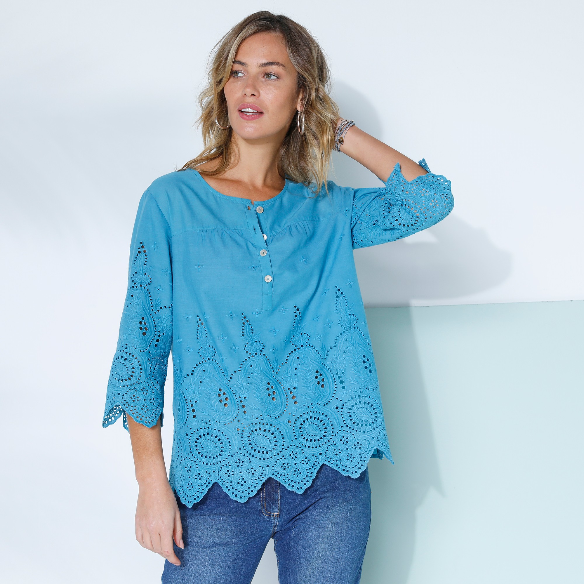 Blouse Unie Manches 3/4, Broderie Anglaise - Blancheporte