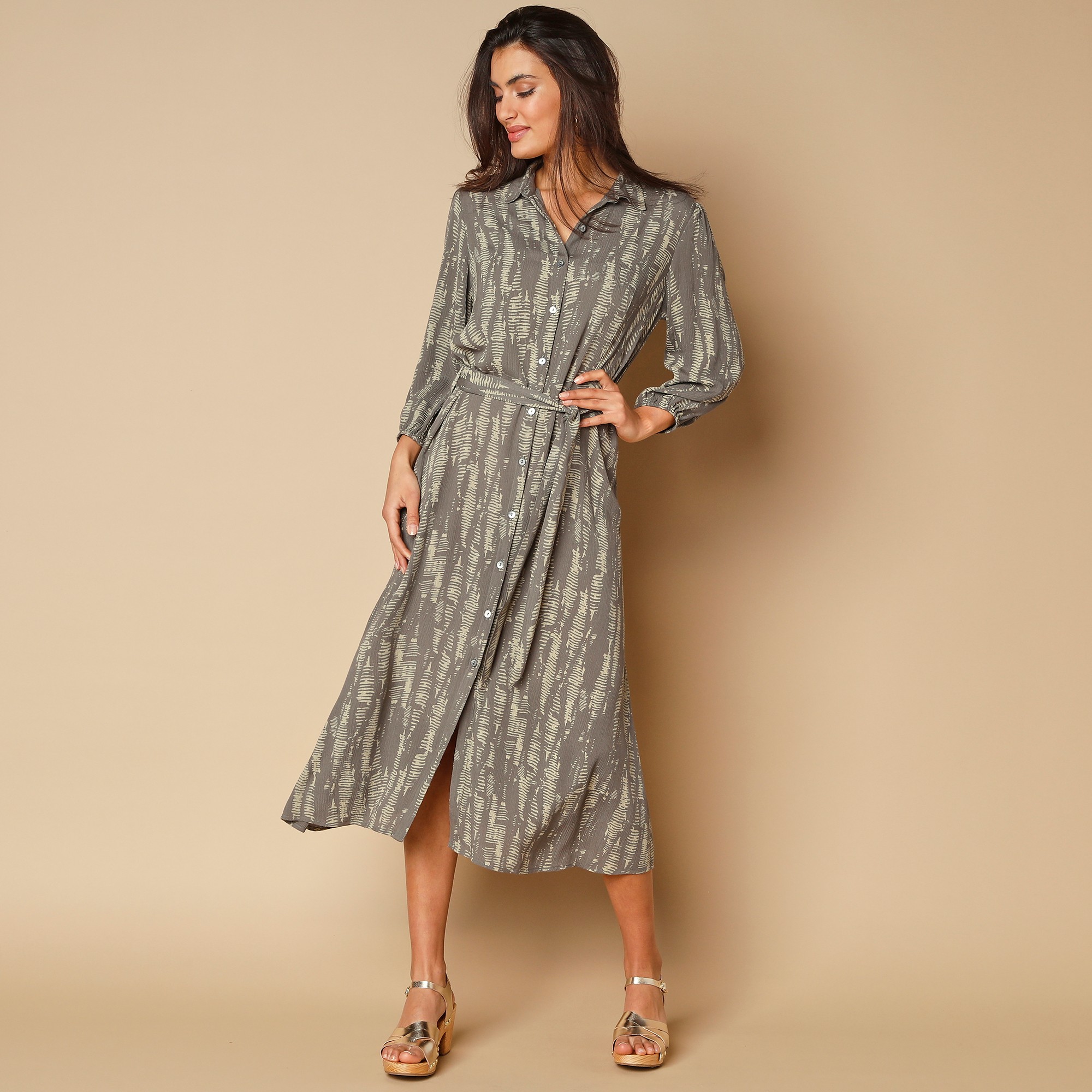 Robe chemisier imprimée - 52 - Kaki - Lora Zellini