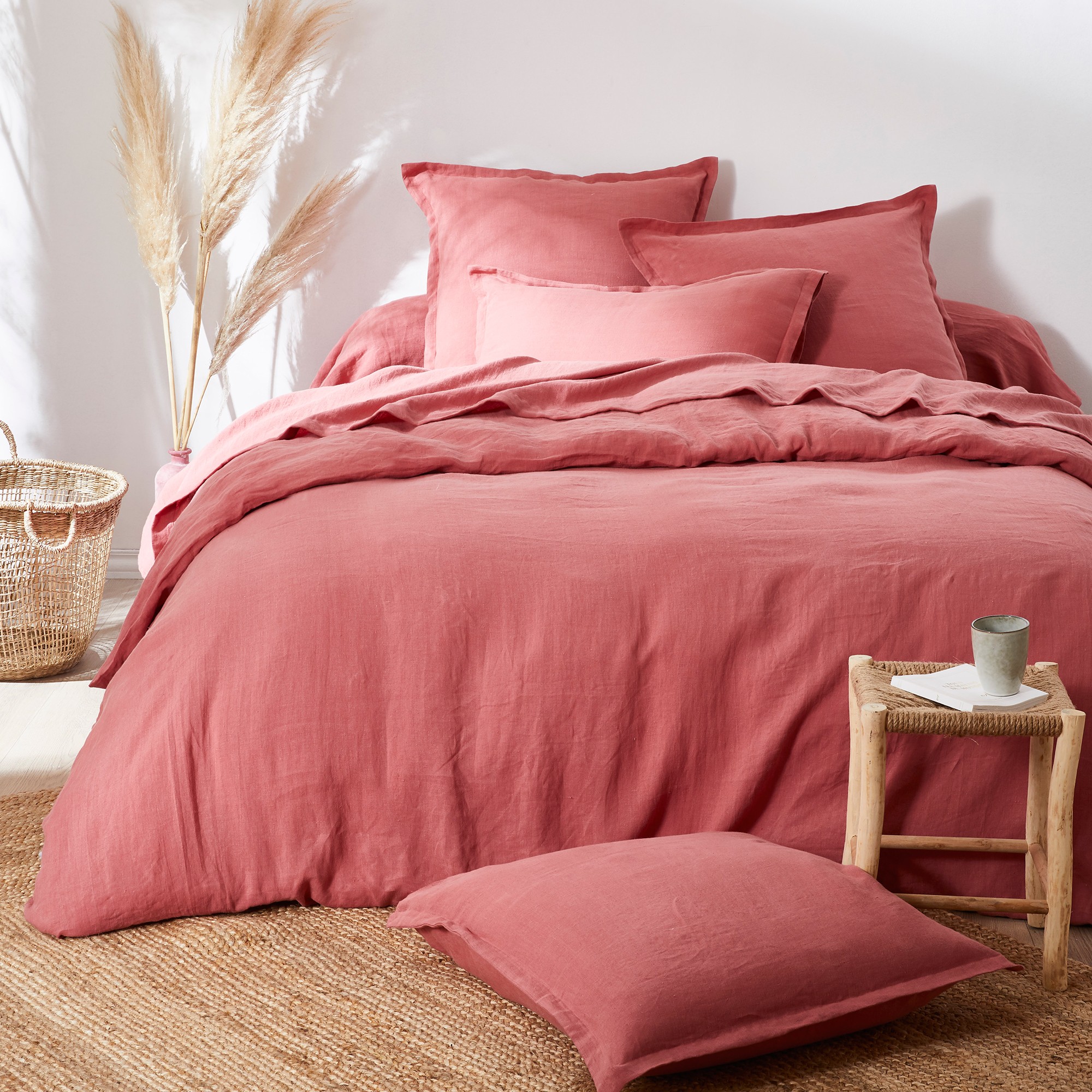 Linge de lit uni lin lavé - Drap-housse 2 Personnesonnes : 160x200cm - Rose - Colombine