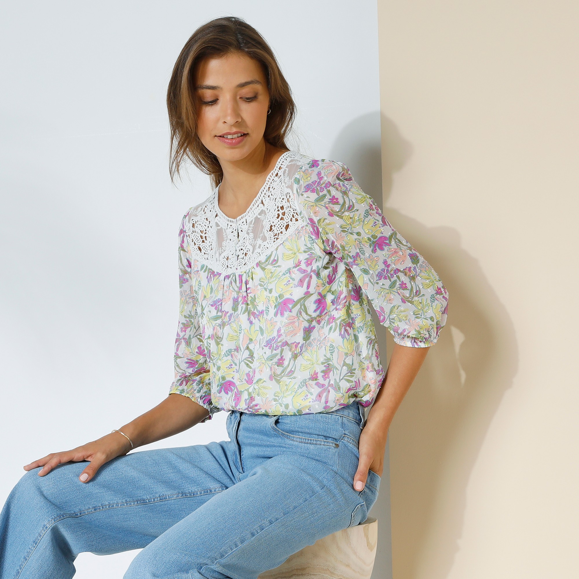 Blouse Macramé Imprimé Fleurs, Voile Plumetis - Blancheporte