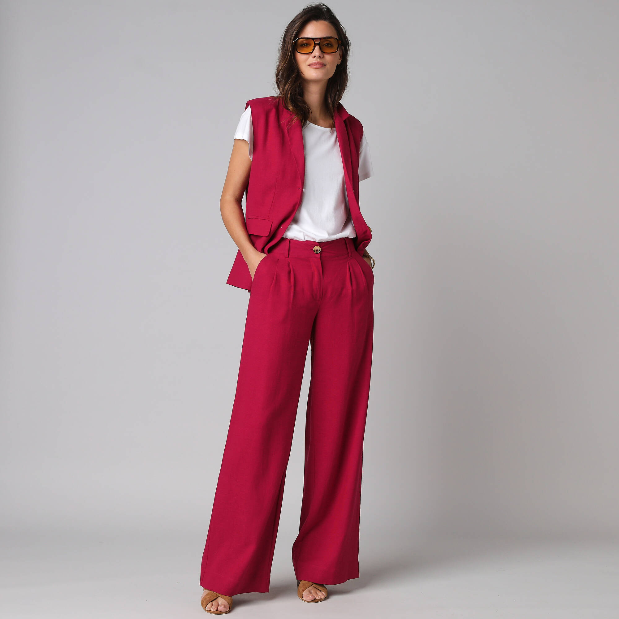 Pantalon large pinces uni en viscose-lin - Blancheporte 48$