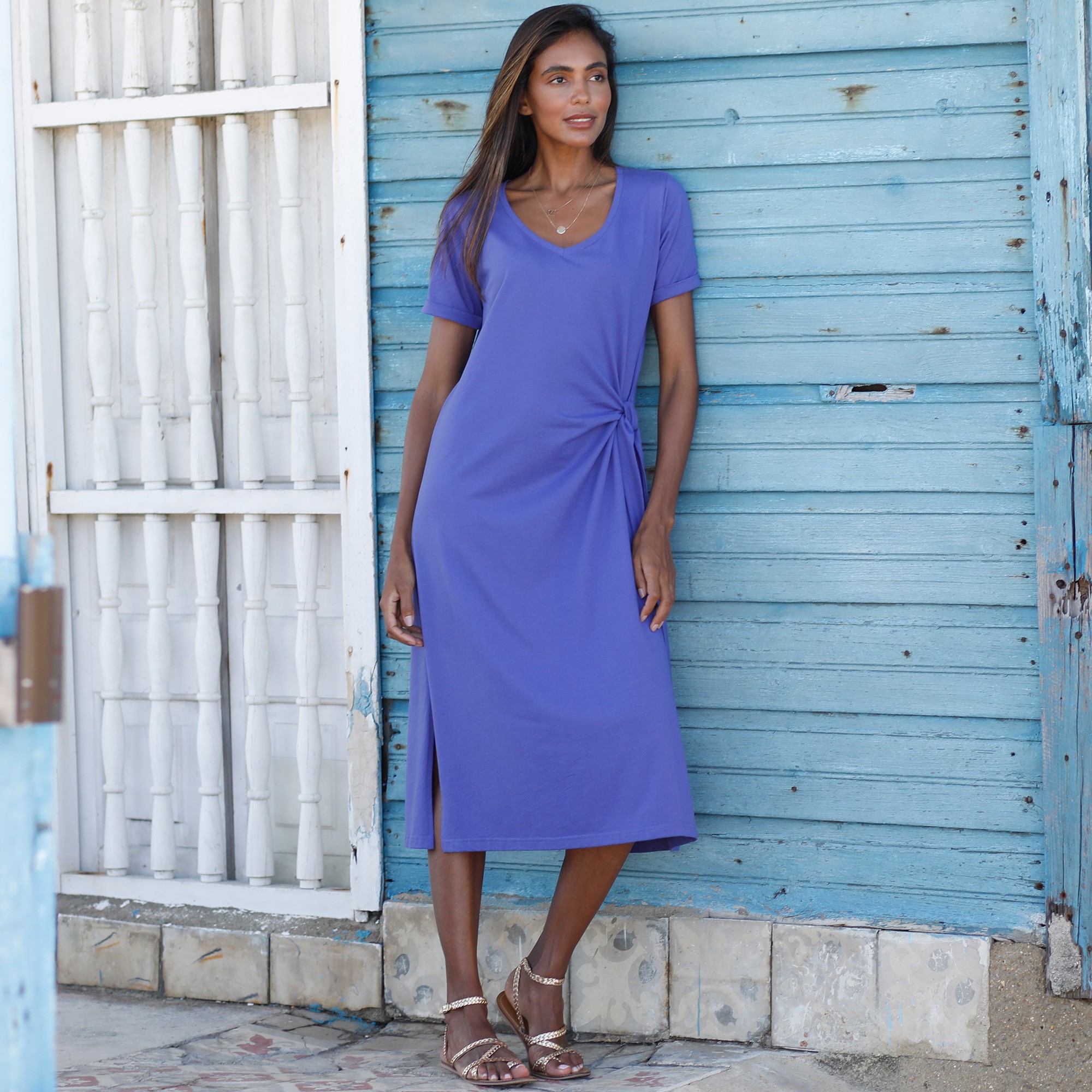 Robe Mi-longue Nouée Col V, Maille Unie - Blancheporte