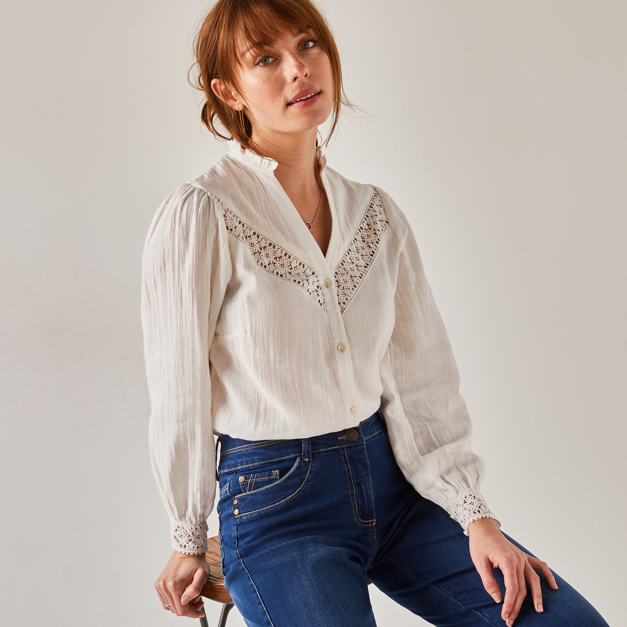 Chemisier Boutonné Macramé, Gaze De Coton - Blancheporte