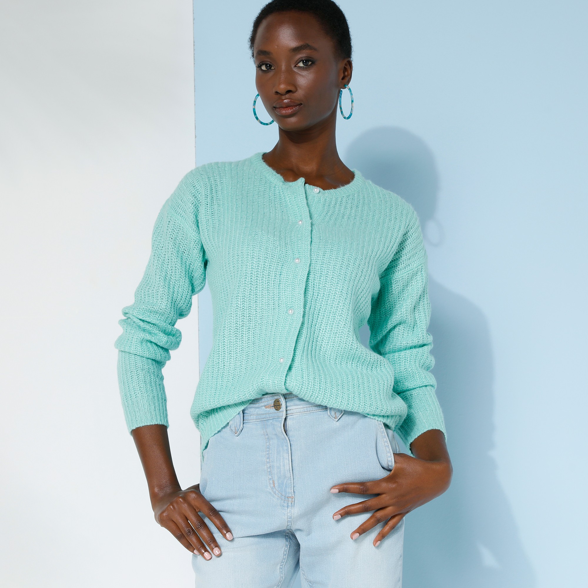 Cardigan Boutons Perles Fantaisie, Maille Anglaise - Blancheporte