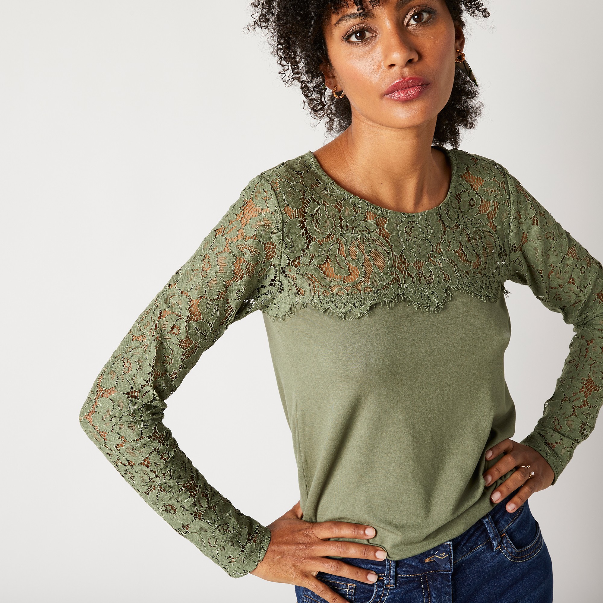 T-shirt Col Rond Manches Longues, Dentelle Jersey - Blancheporte