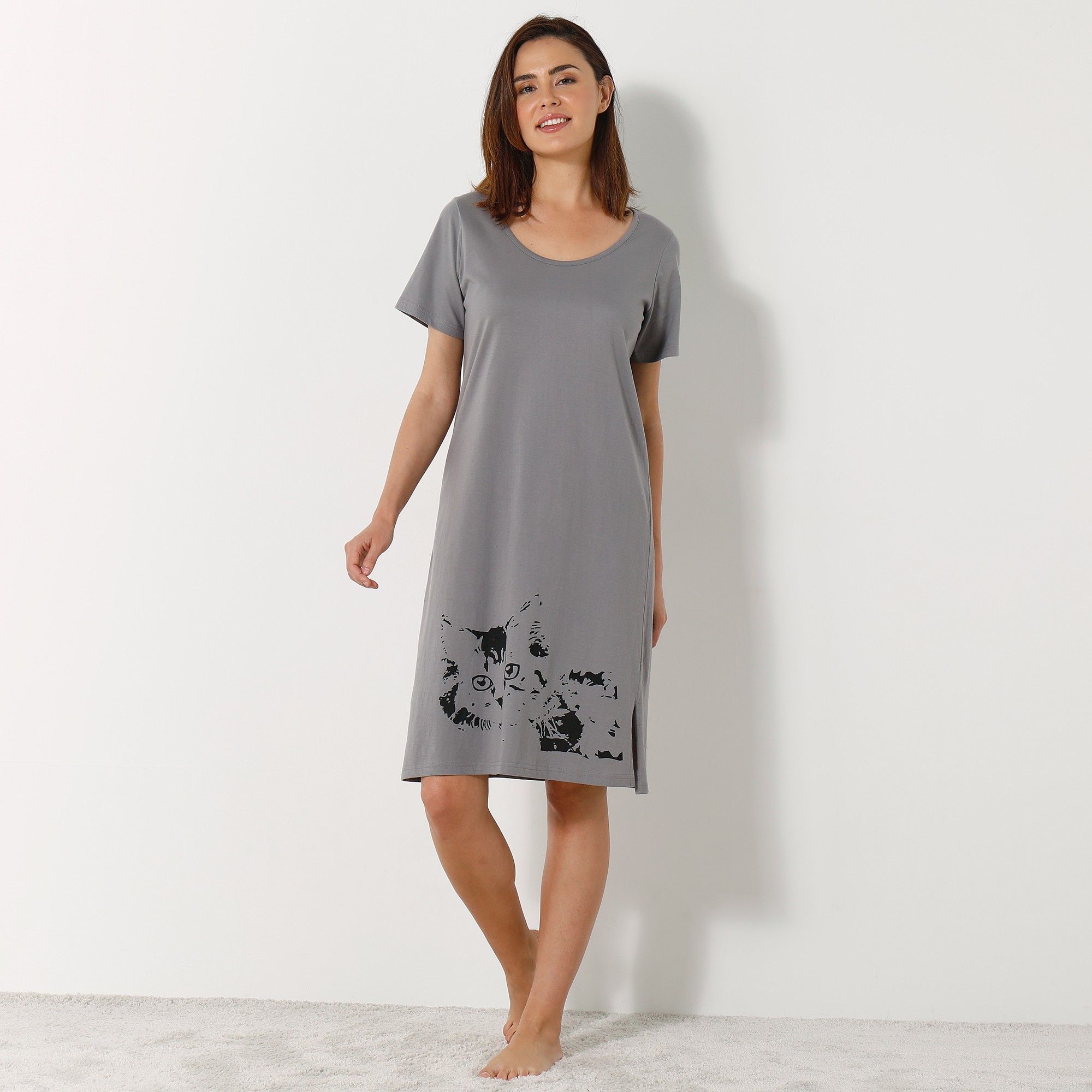 Chemise de nuit courte imprim chat lot de 2 p che gris