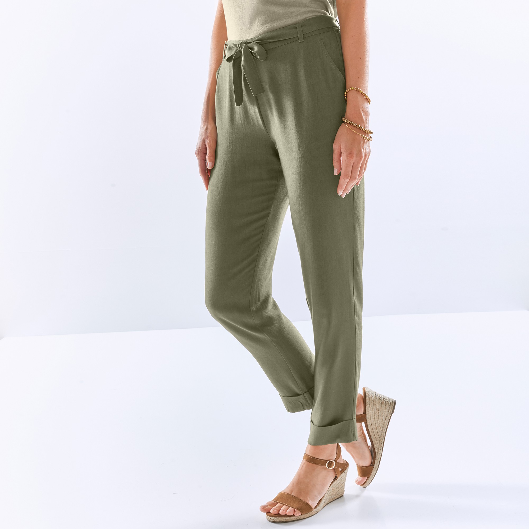 Pantalon 7/8ème fuselé uni, tissu fluide - 52 - Kaki - Lora Zellini