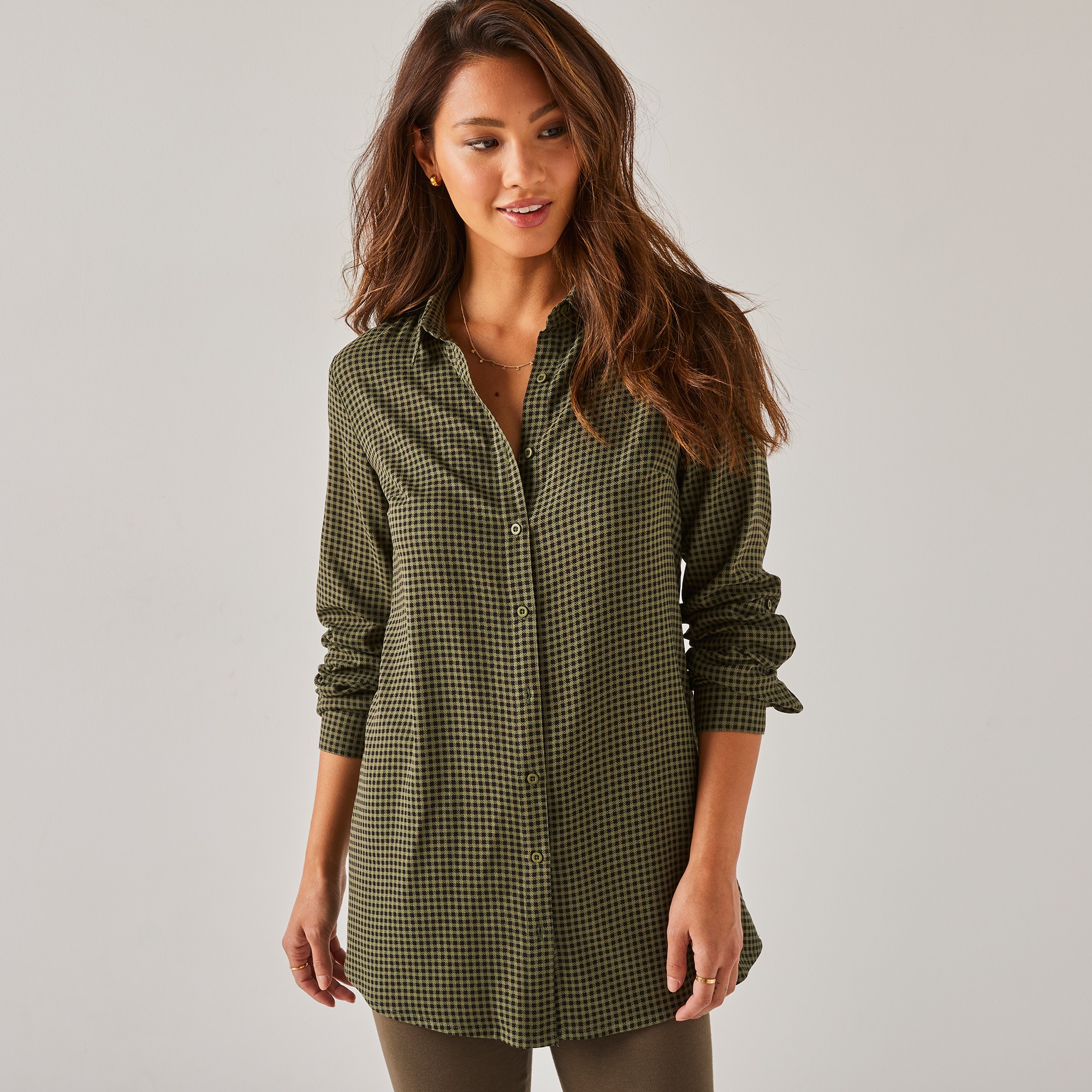 Chemise Liquette Boutonnée Imprimé Carreaux, Crêpe - Blancheporte