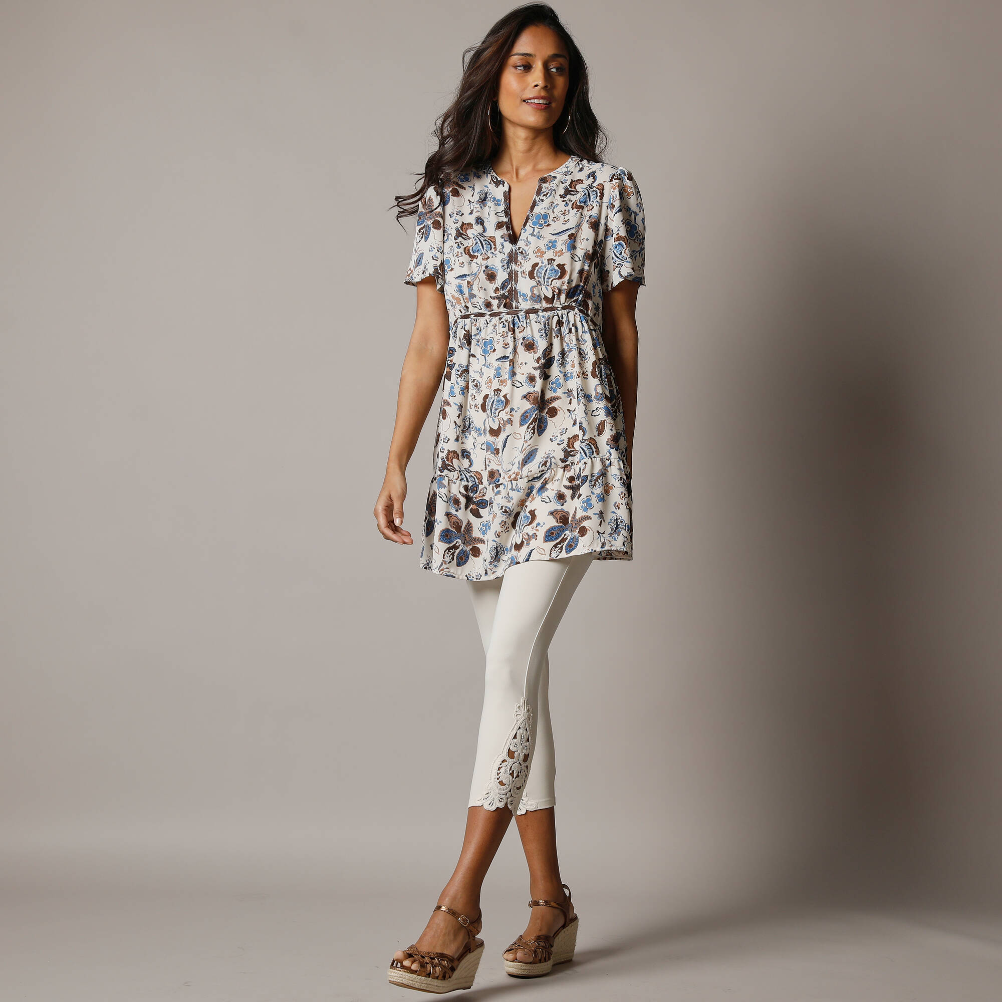 Tunique col tunisien brod imprim fleuri - Blancheporte 36$