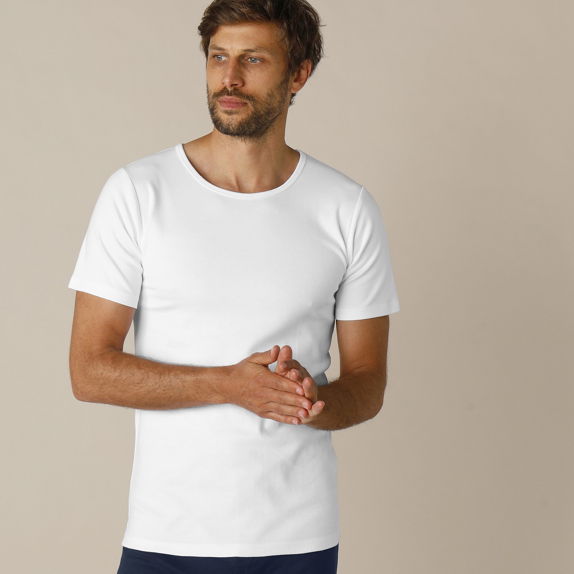 Tee-shirt sous-vêtement homme col rond manches courtes coton - lot de 2 - 125/132 - Blanc - Thermope