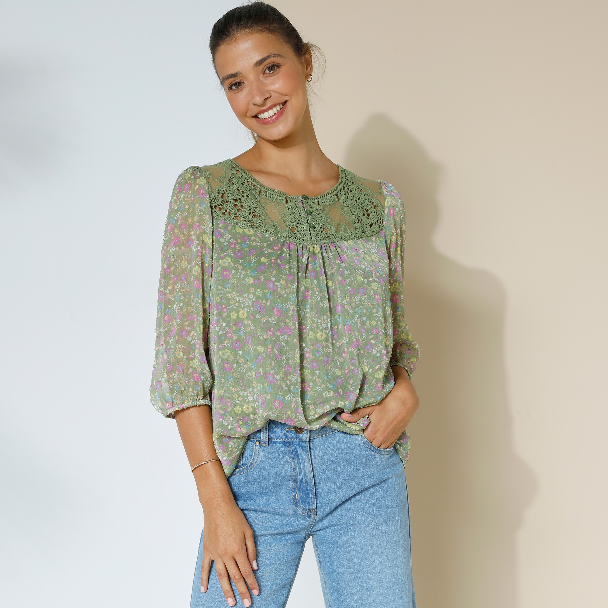 Blouse Macramé Imprimée, Voile Plumetis - Blancheporte