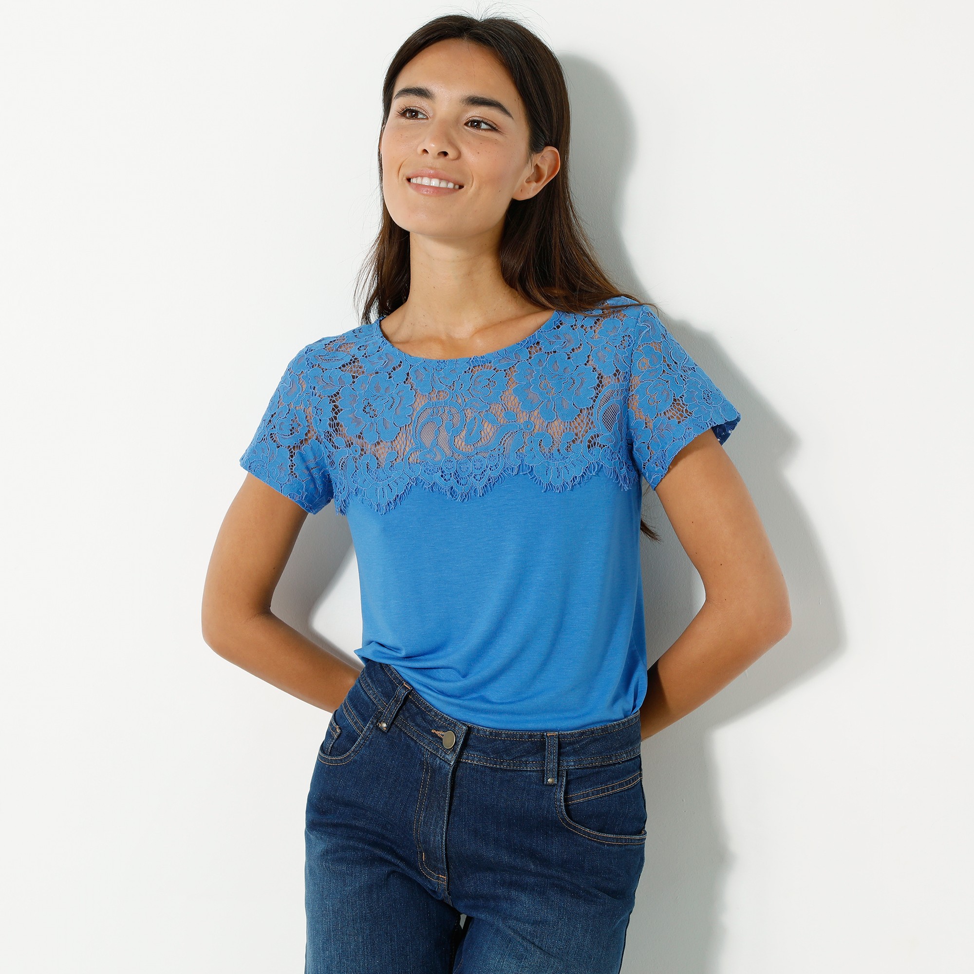 T-shirt Dentelle Col Rond Manches Courtes - Blancheporte