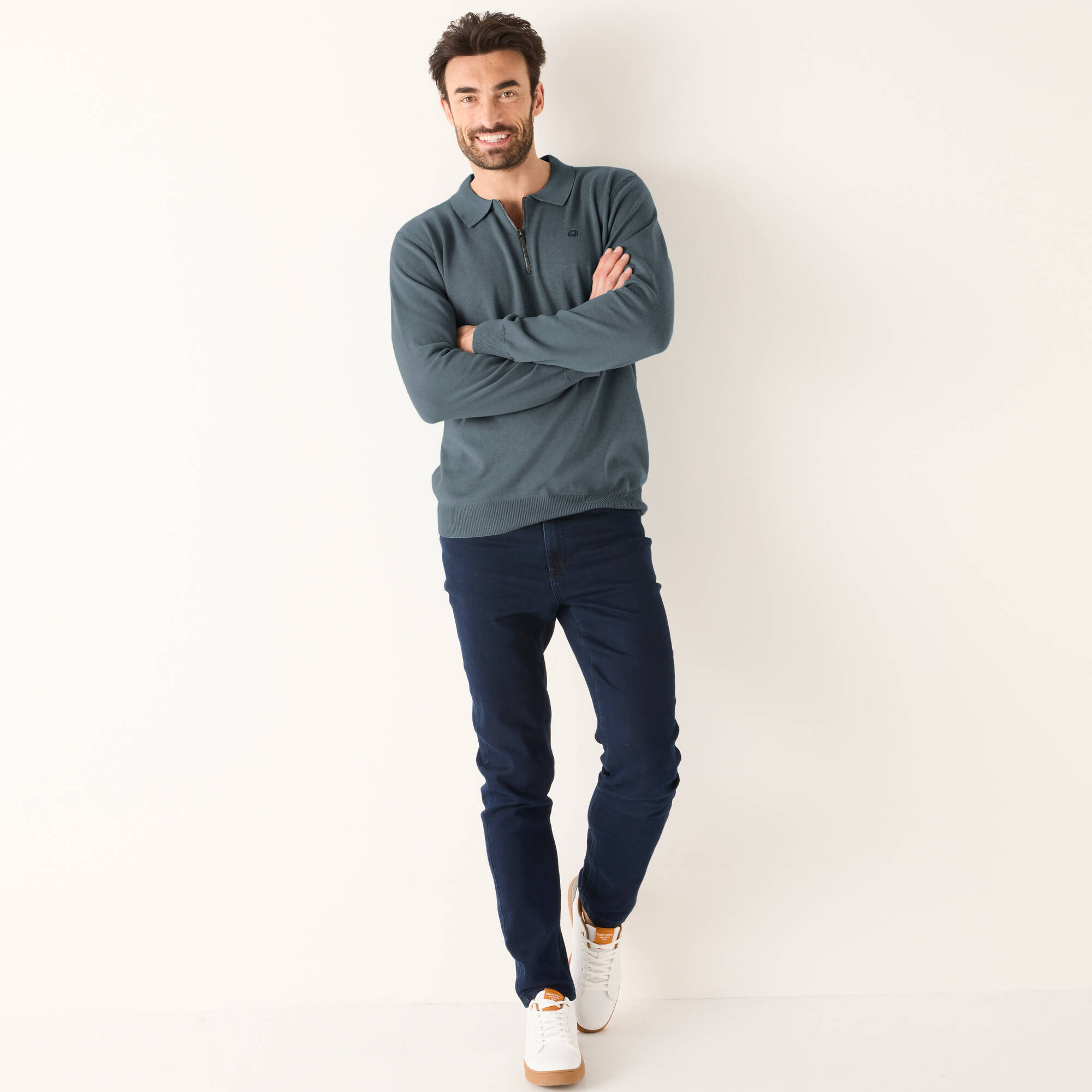 Pull fin col polo zipp broderie poitrine - Blancheporte 16$