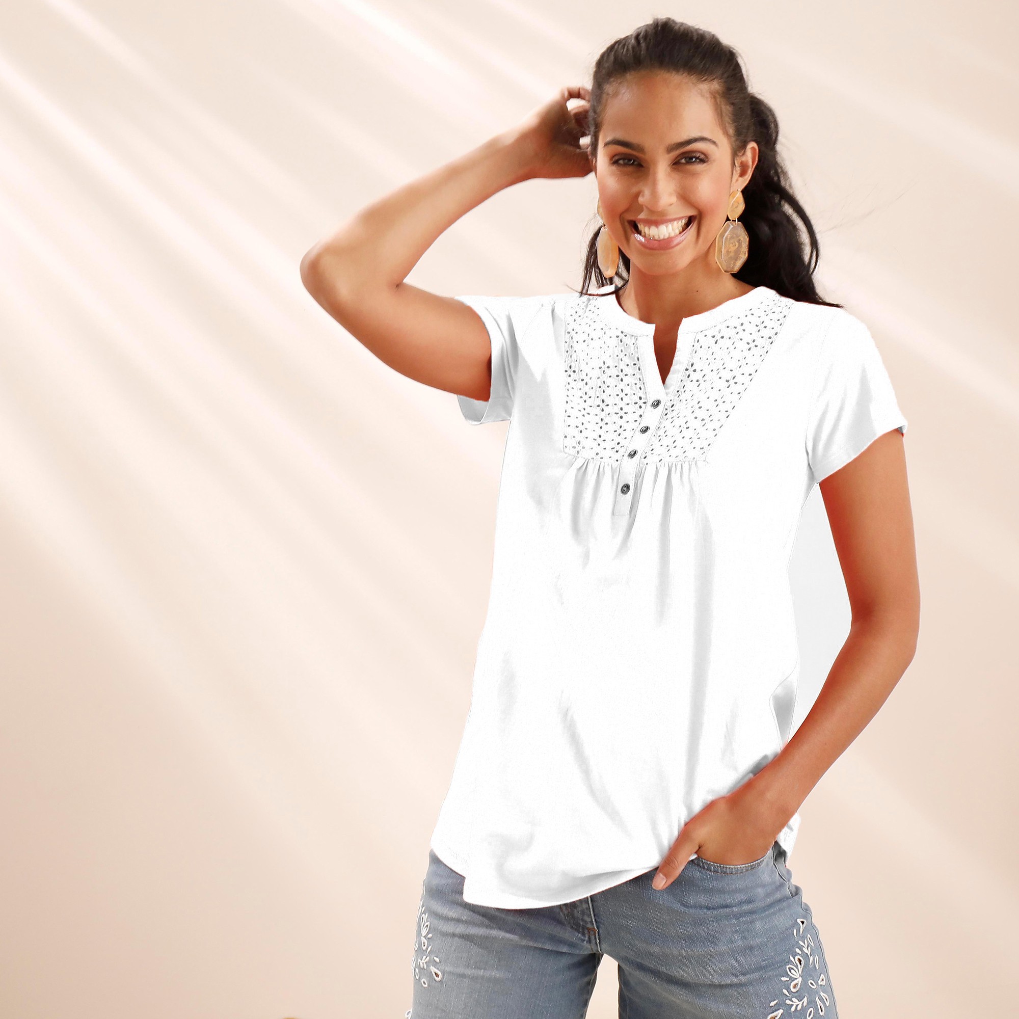 T-shirt Col Tunisien Manches Courtes, Broderie Anglaise - Blancheporte