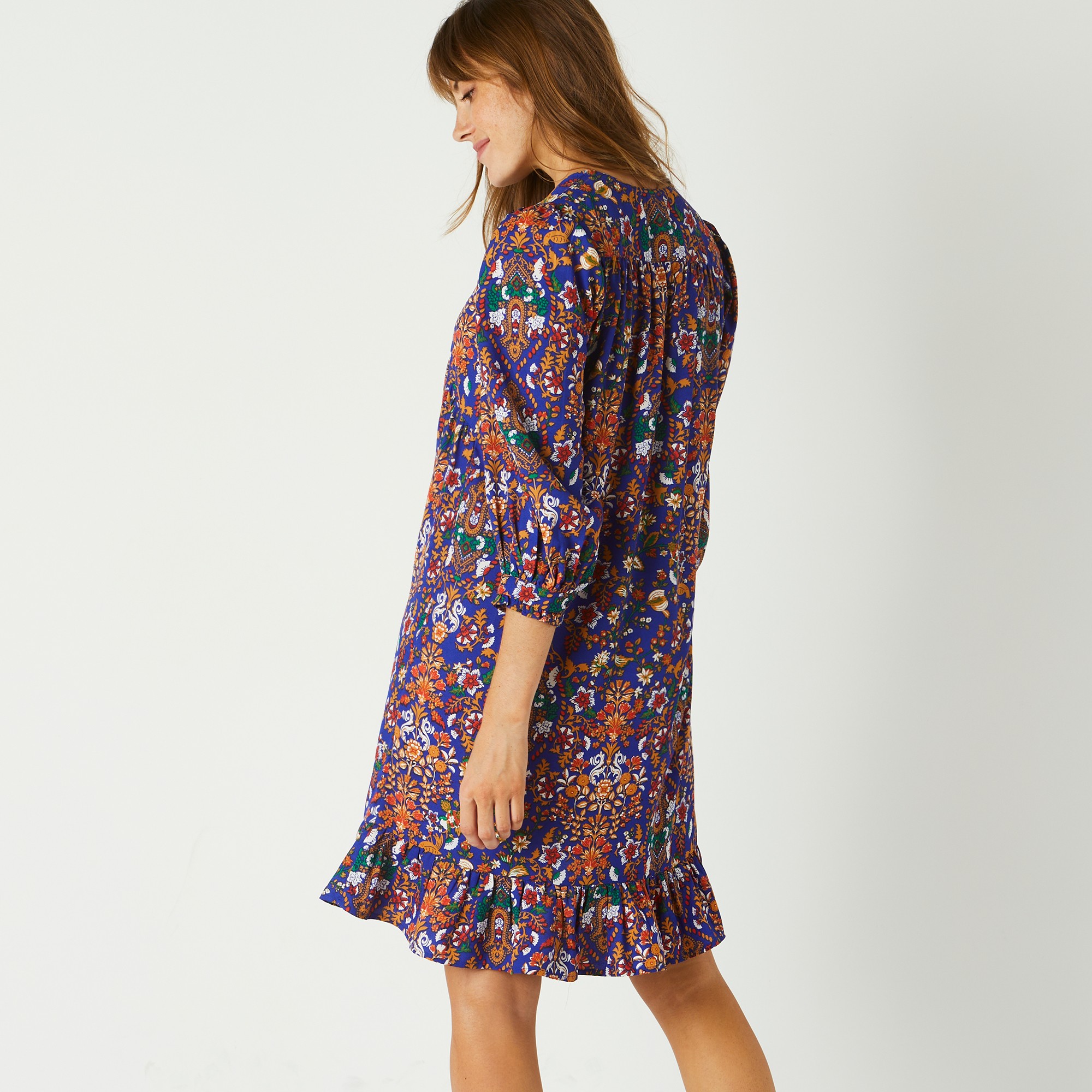 Robe housse manches 3 4 imprimee crepe bleu orange Blancheporte