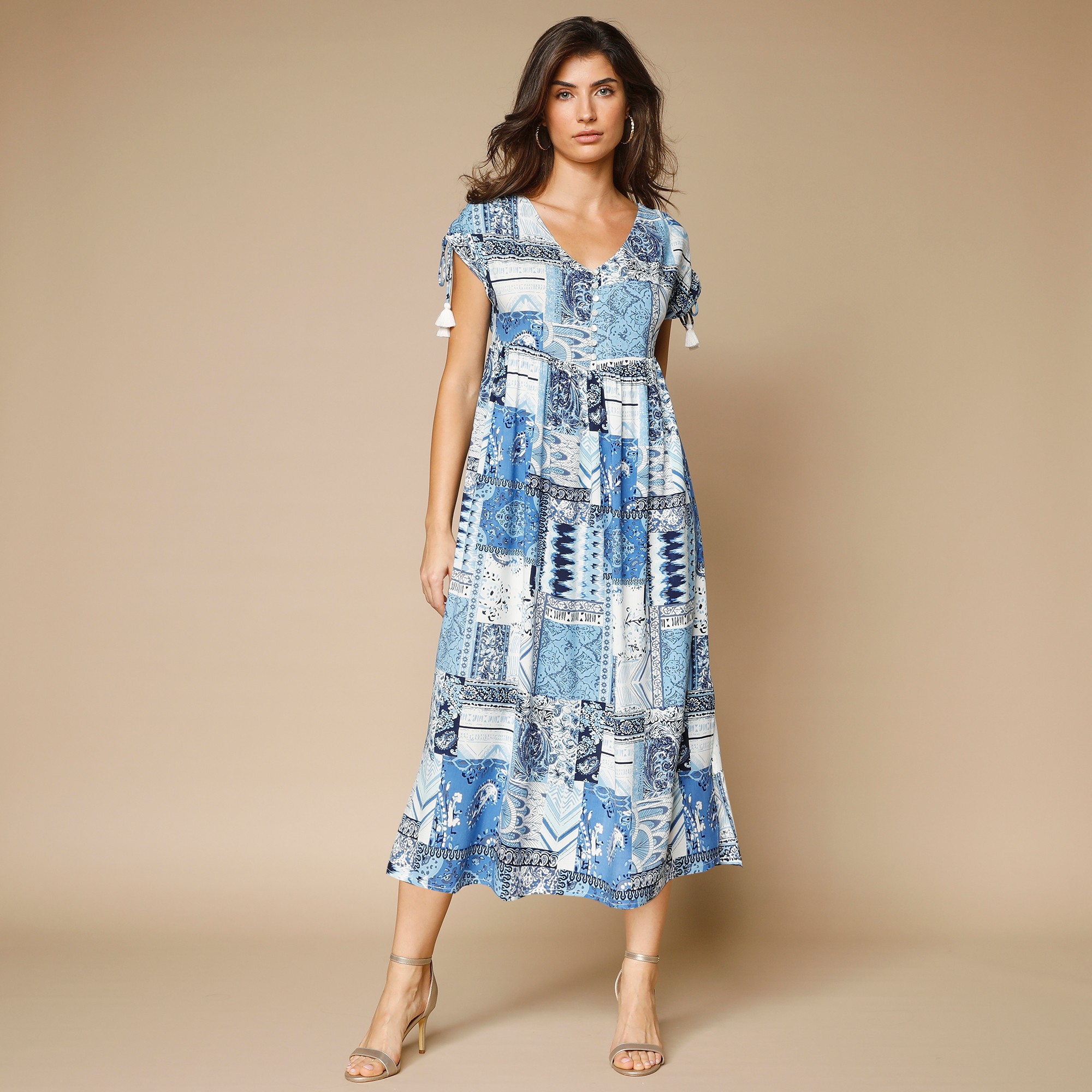 Robe mi-longue manches courtes imprim?�e, bleu / blanc | Blancheporte