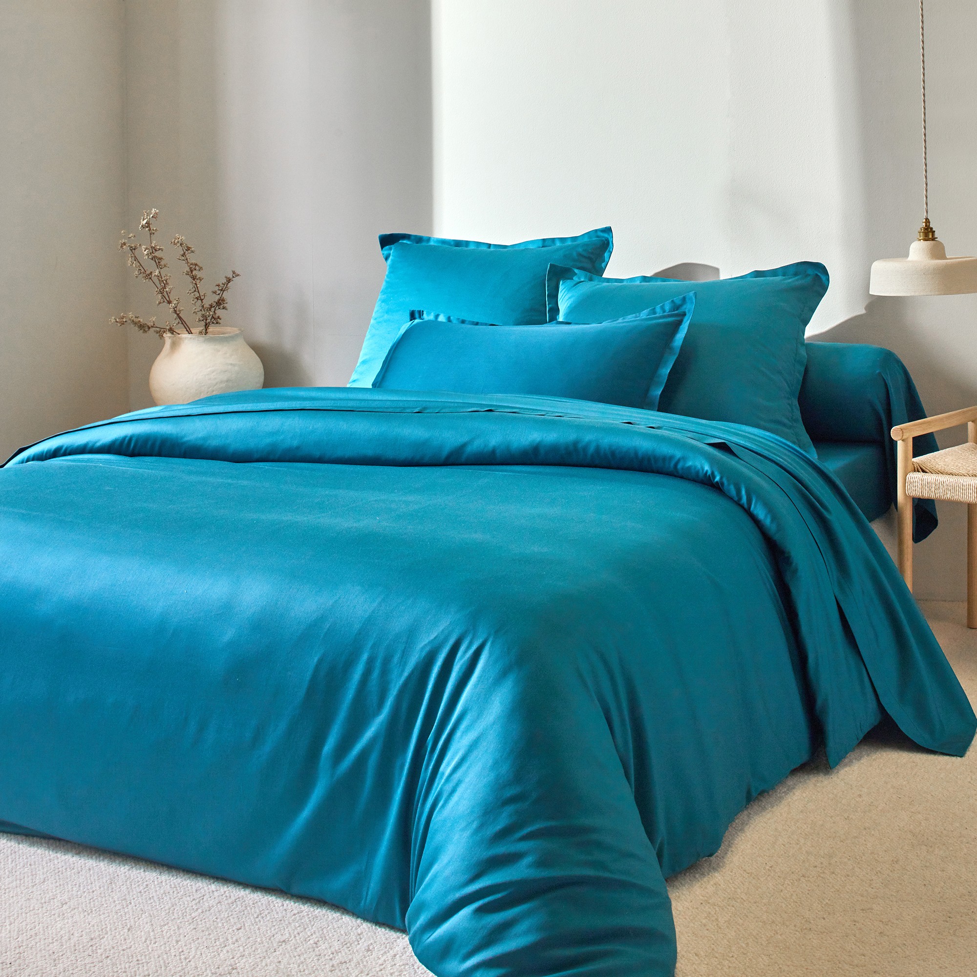 Linge de lit satin uni - Drap Plat 2 Personnesonnes : 270x325cm - Bleu - Colombine