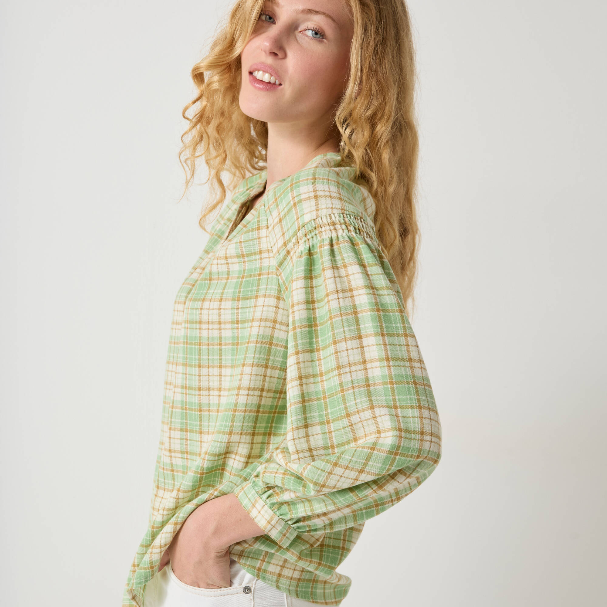 Blouse imprime carreaux flanelle manches 78 - Blancheporte 14$