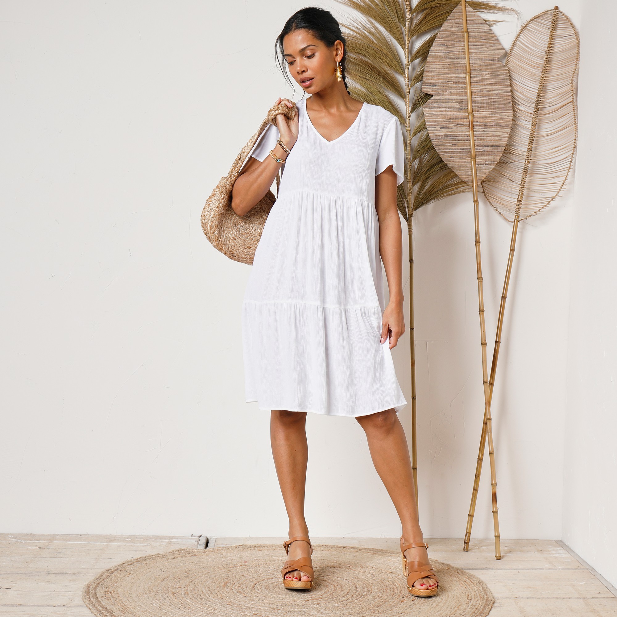 Robe col V courte unie cr pon blanc Blancheporte