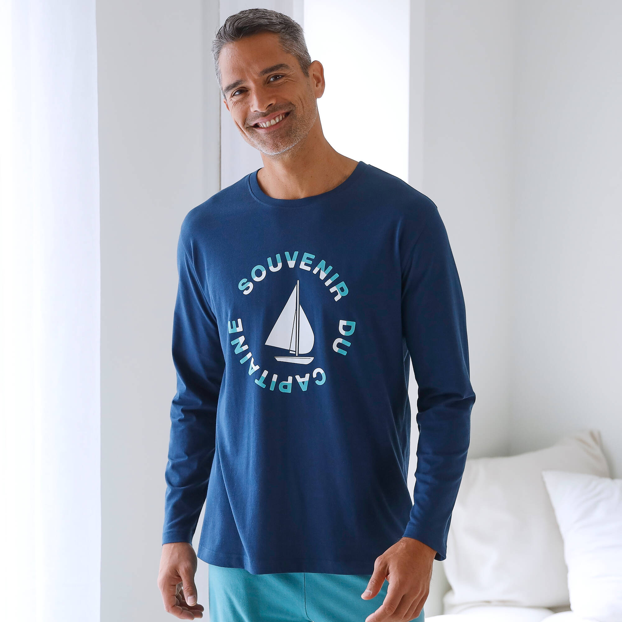 T-shirt pyjama manches longues motif bateau - Blancheporte