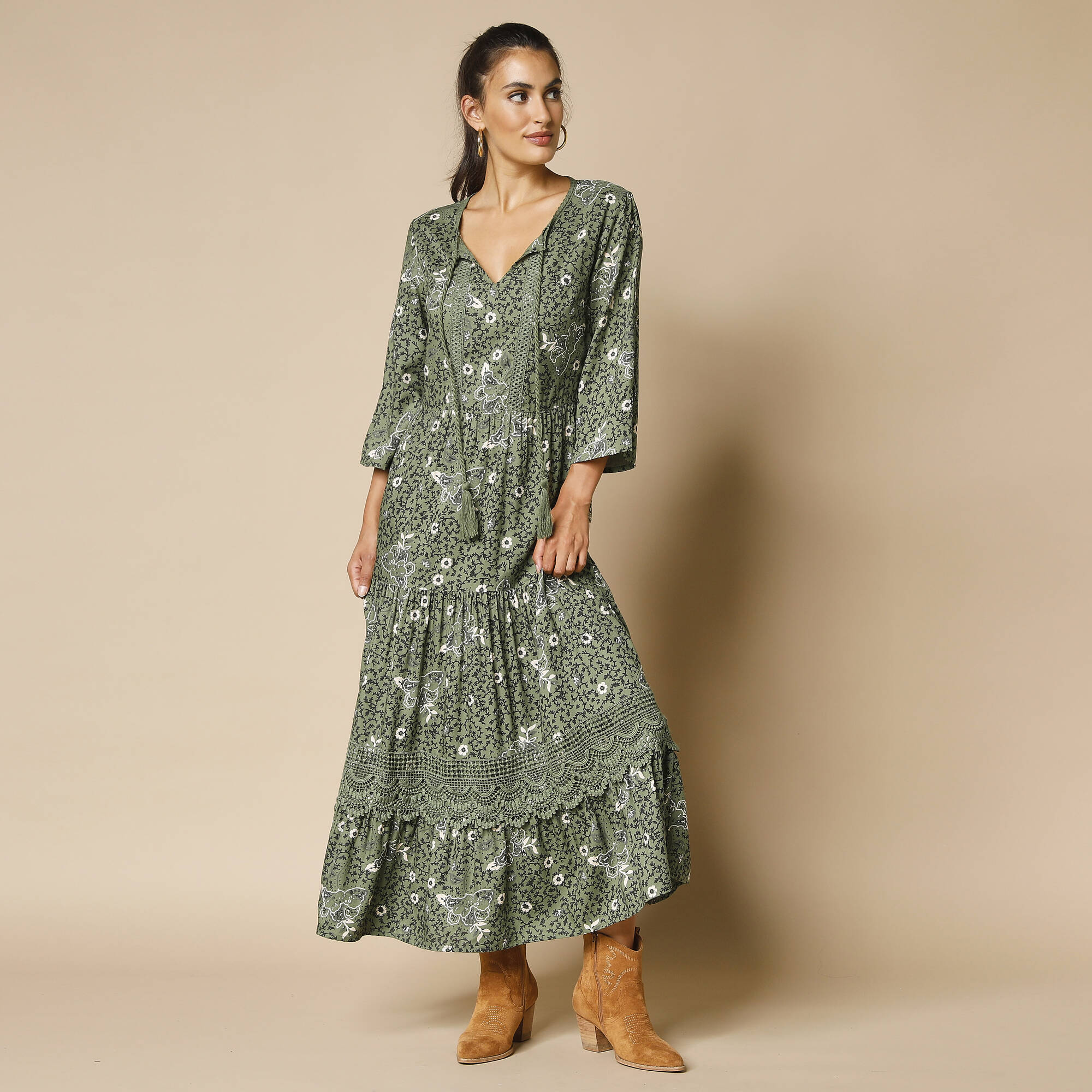 Robe longue imprimee manches 3 4 details macrame