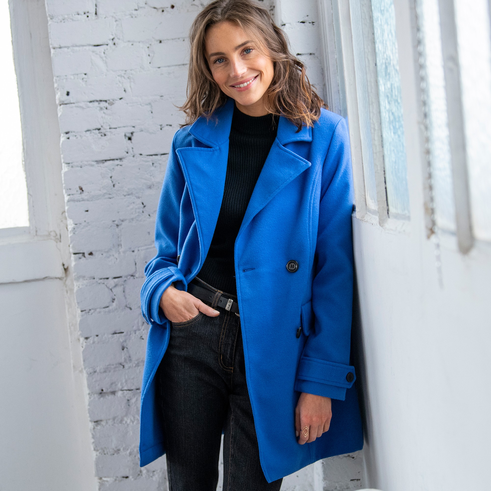 Manteau caban boutonn uni bleu dur Blancheporte