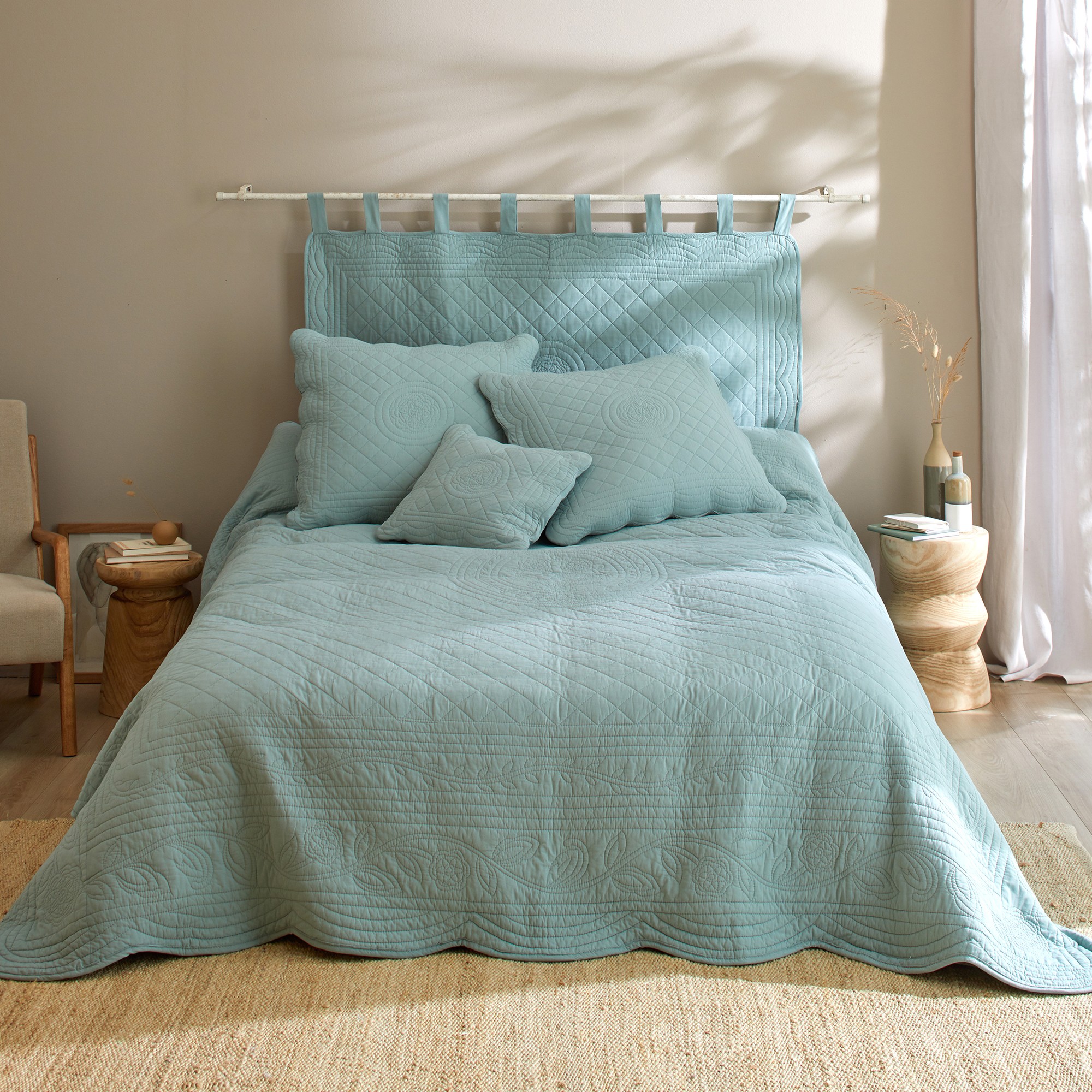 Tête de lit unie coton style boutis Cassandre - Tête De Lit : 80x160cm - Vert - Colombine