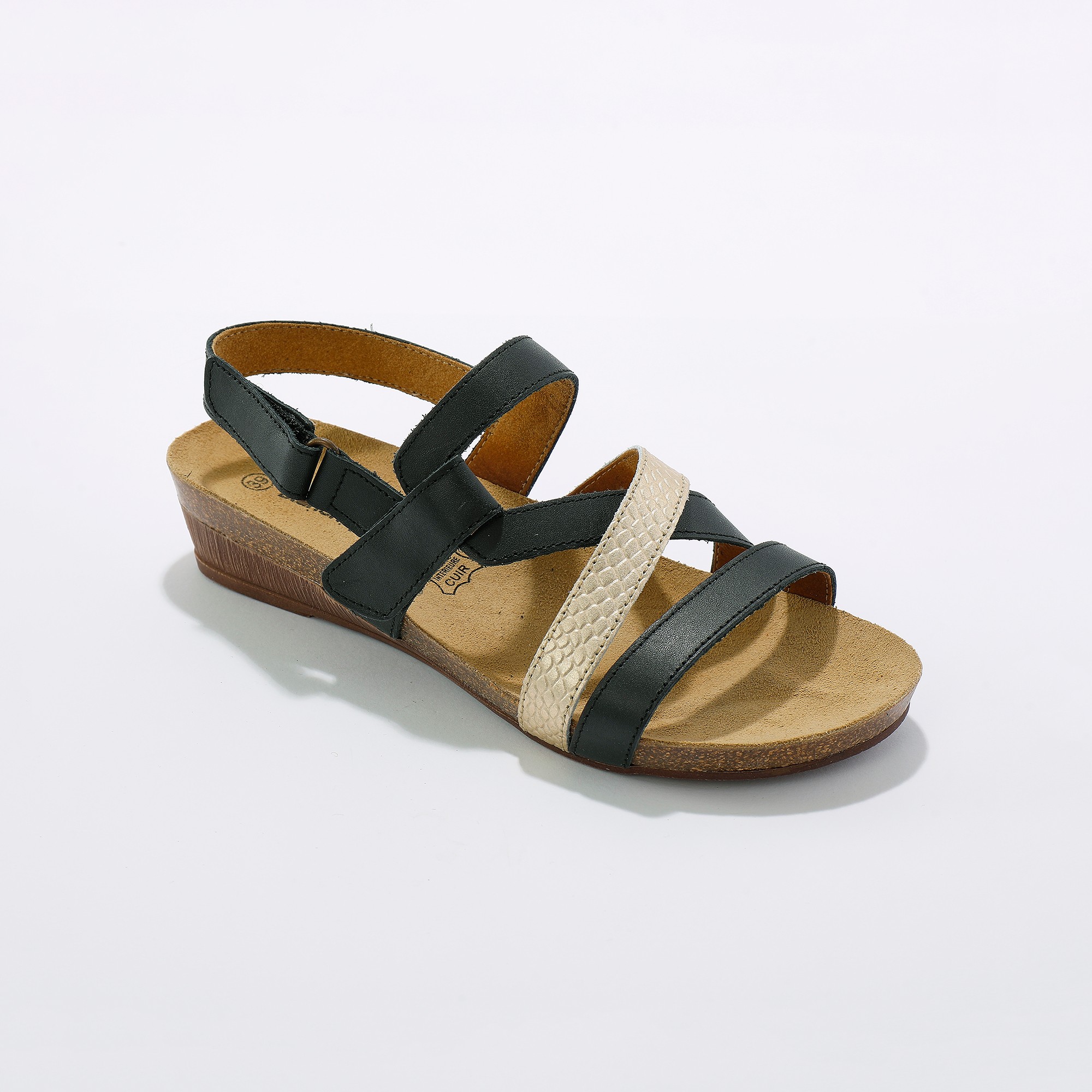 Sandales Cuir Scratchées Compensées Effet Bois À Semelle Liège - Blancheporte