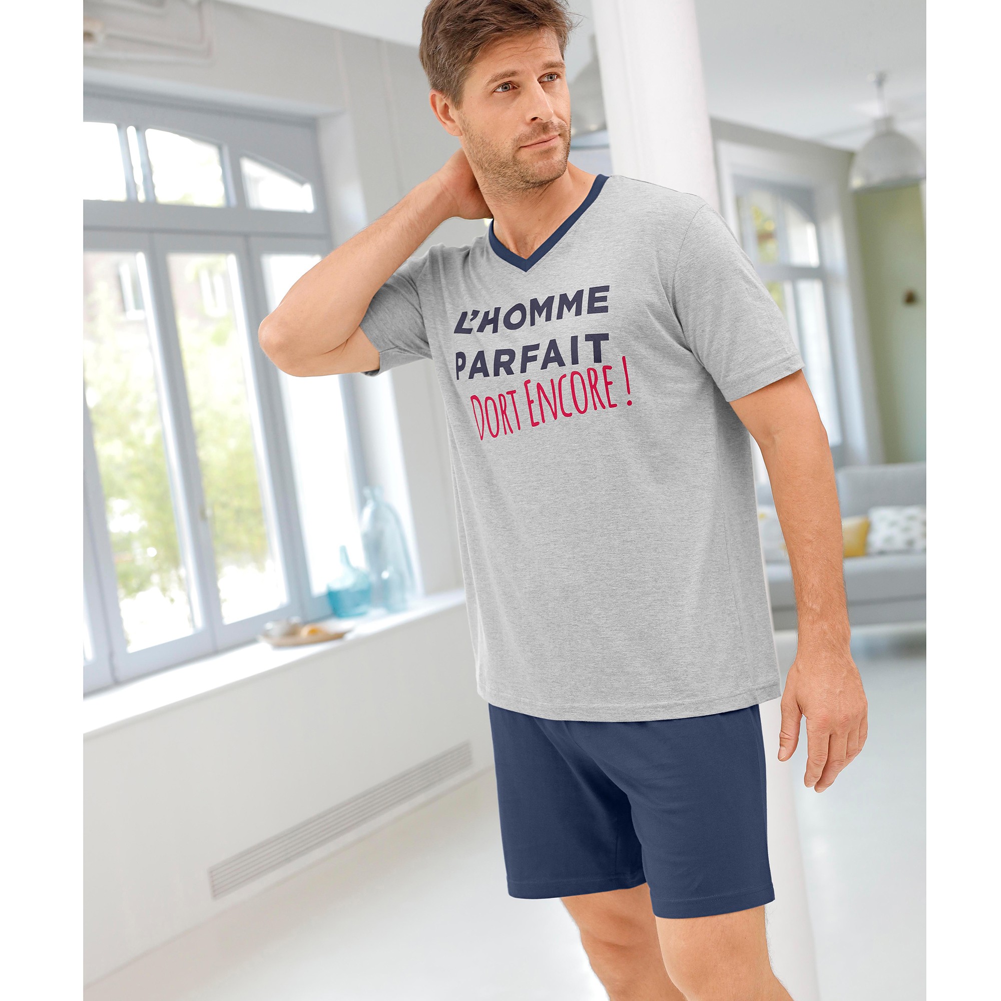 Pyjama short col V imprime message