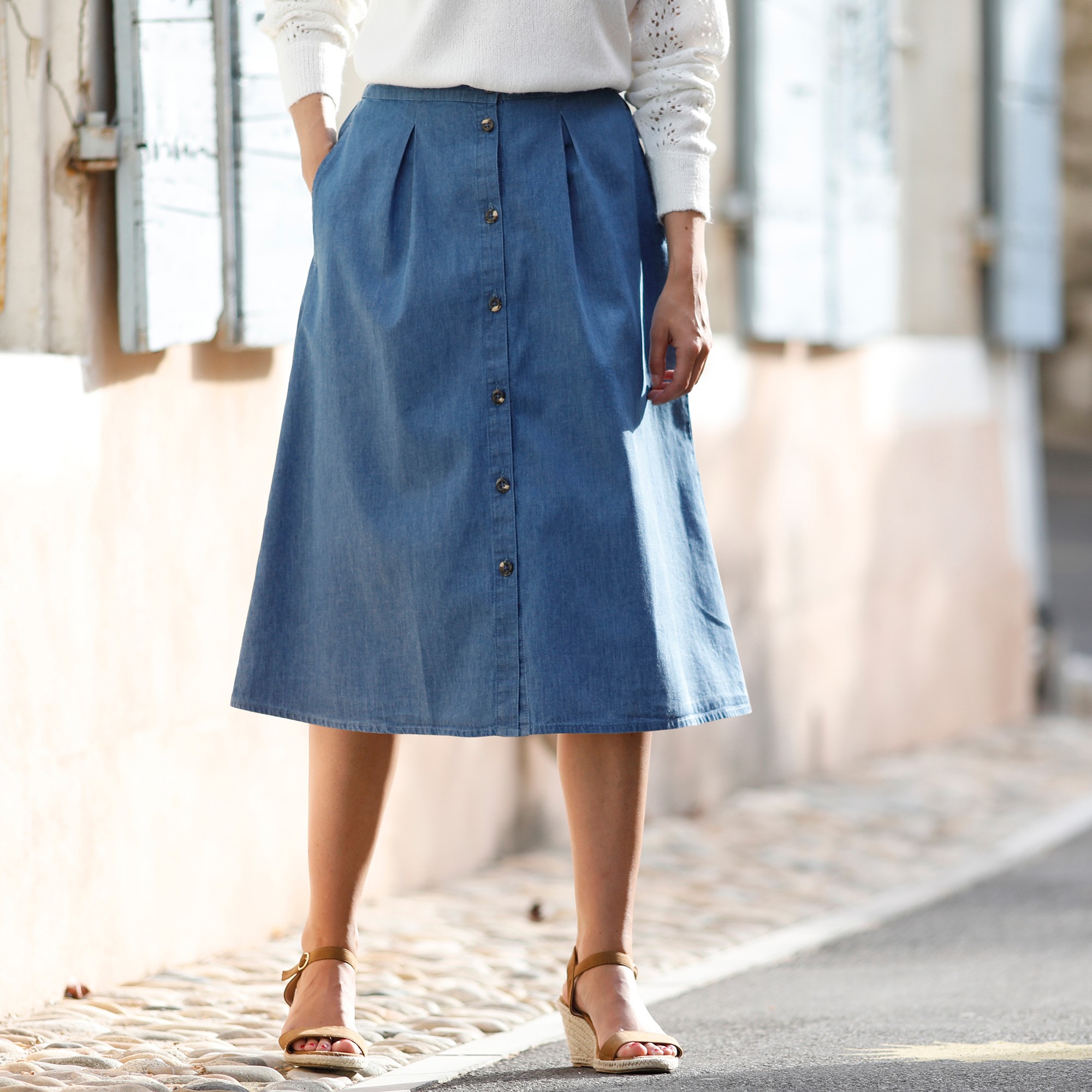 Jupe boutonnee jean fluide stone Blancheporte